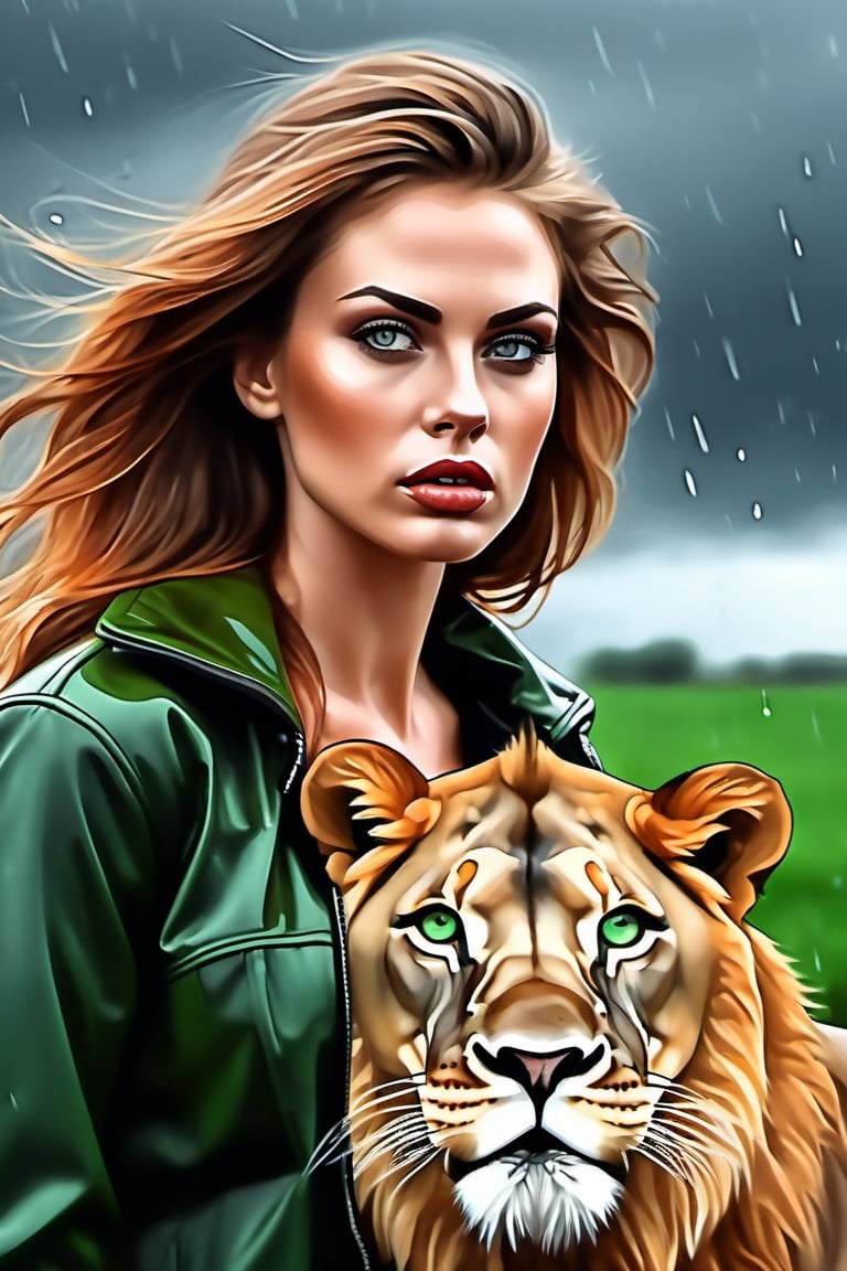 A sexy woman,
Nearby,
scarlion, lion, 
green eyes, whiskers, feline, best quality, photorealistic, raining, cloydy, hyperrealistic, ultradetailed, detailed background, photo background, digital drawing (artwork), 
[[by kenket|by totesfleisch8], by thebigslick:by silverfox5213:0.8], [by syuro, by paloma-paloma::0.2], depth of field, grey sky, intimidating,  ,scarlion,1 girl,food ,more detail XL