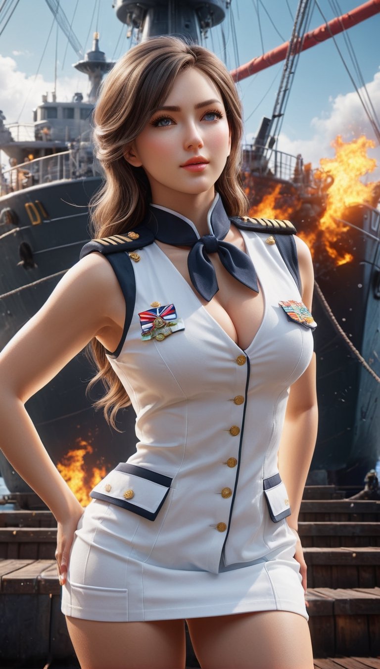 (+18) , nsfw, 

A sexy female navy officer at the harbour ,

ultra detailed face, 
symmetrical eyes, 
soft face, 
Long Cleavage, 
Clean armpits, 
Mini skirt, 
tired and happy,

((view from below, looking upwards))), Insanely detailed portrait of a 
Intricate Photography, 
A Masterpiece, 
8k Resolution Artstation, 
Unreal Engine 5, 
Cgsociety, 
Octane Photograph, sharp focus ,
,