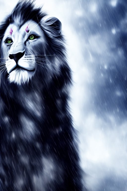 A sexy woman,
 friend with,
scarlion, lion, 
green eyes, whiskers, feline, best quality, photorealistic, raining, cloydy, hyperrealistic, ultradetailed, detailed background, photo background, digital drawing (artwork), 
[[by kenket|by totesfleisch8], by thebigslick:by silverfox5213:0.8], [by syuro, by paloma-paloma::0.2], depth of field, grey sky, intimidating,  ,scarlion,1 girl