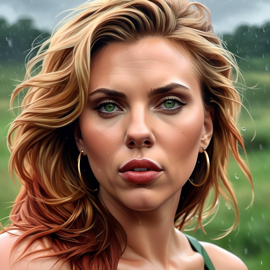 A sexy woman ,
Friend with a Lion,
Scar Lion from Lion King,
scarlion, lion, green eyes, whiskers, feline, best quality, photorealistic, raining, cloydy, hyperrealistic, ultradetailed, detailed background, photo background, digital drawing (artwork), [[by kenket|by totesfleisch8], by thebigslick:by silverfox5213:0.8], [by syuro, by paloma-paloma::0.2], depth of field, grey sky, intimidating,  ,Porcellana style,food ,more detail XL,scarlett johansson