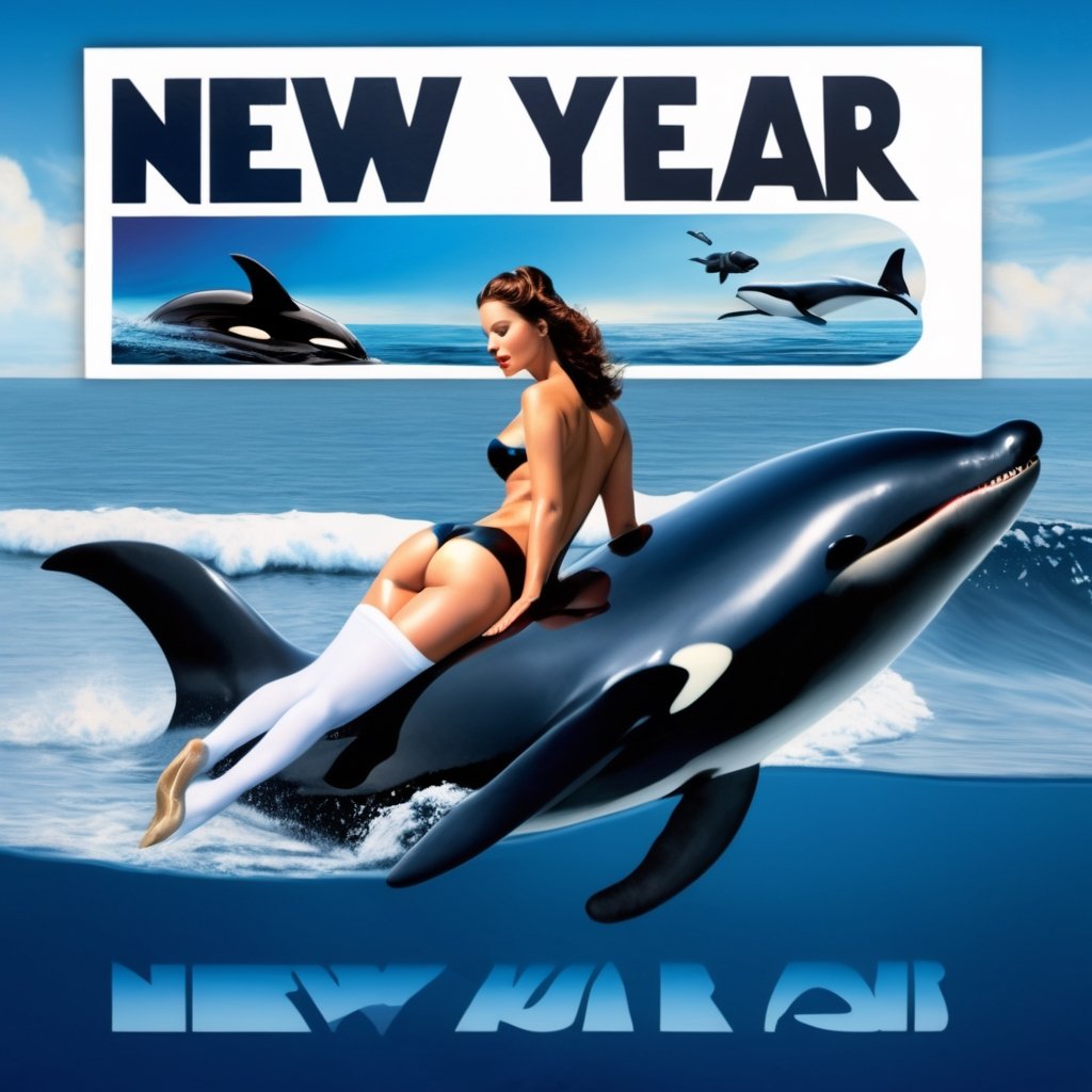 (+18) , NSFW  , 
create a photo cd , 
cover art of an hyperrealistic sexy Darth Vader woman laying in the ocean with a white stocking holding a sign text "New Year" above her
and the world in the eye of a killer whale orca in the sky, 
blue color scheme