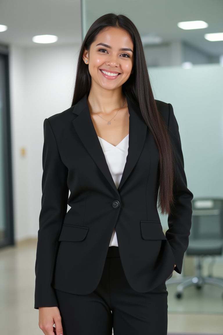 A 27-year-old Balinese woman with a good-looking face and great body type, smiling confidently in front of the camera. She is dressed in a sharp business satire, standing in a well-lit, modern office setting. The composition is centered, with soft lighting highlighting her features and the clean lines of her attire.