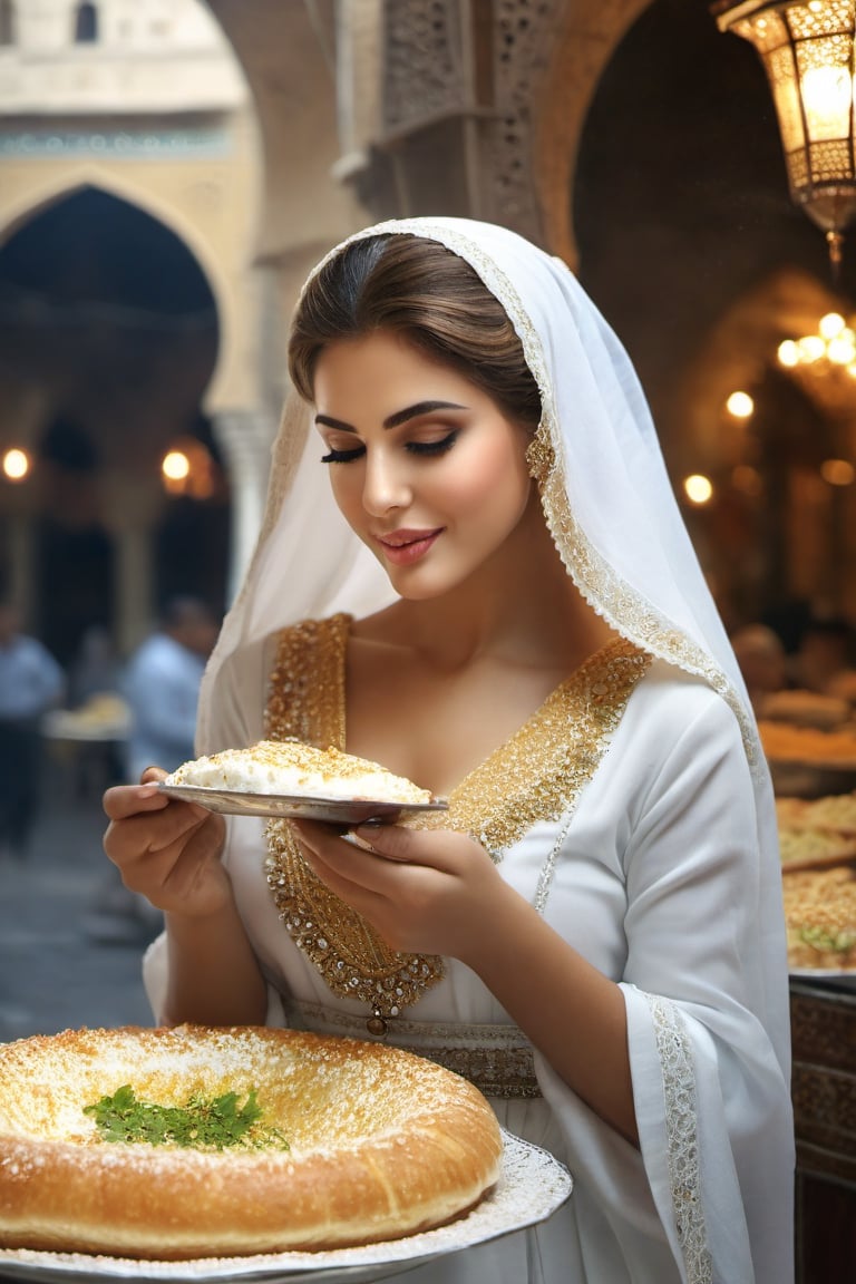 (+18) ,
Create a Photo of a realistic ((sexy woman)) serving {knafeh} in a pastry front selling hot {knafeh} in old market in Syria in old Damascus town ,

Cleavage, 
Short dress, 

((Sexy women)) dressed in traditional abayah in background, 

,food ,more detail XL,booth,food focus,no humans