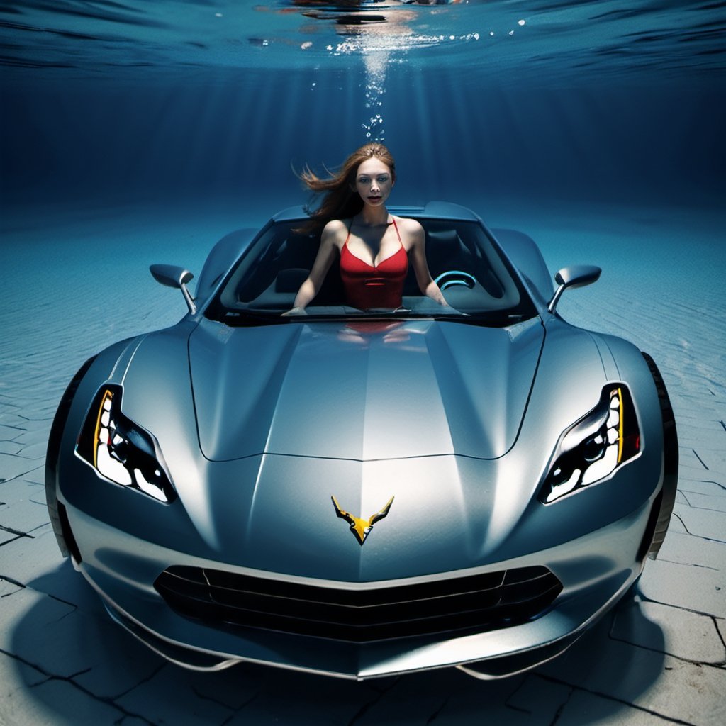 (+18) ,
A sexy woman diver swimming near a Corvette stingray inside a swimming pool under water ,, 

underwater,macro shot,c_car,Concept Cars