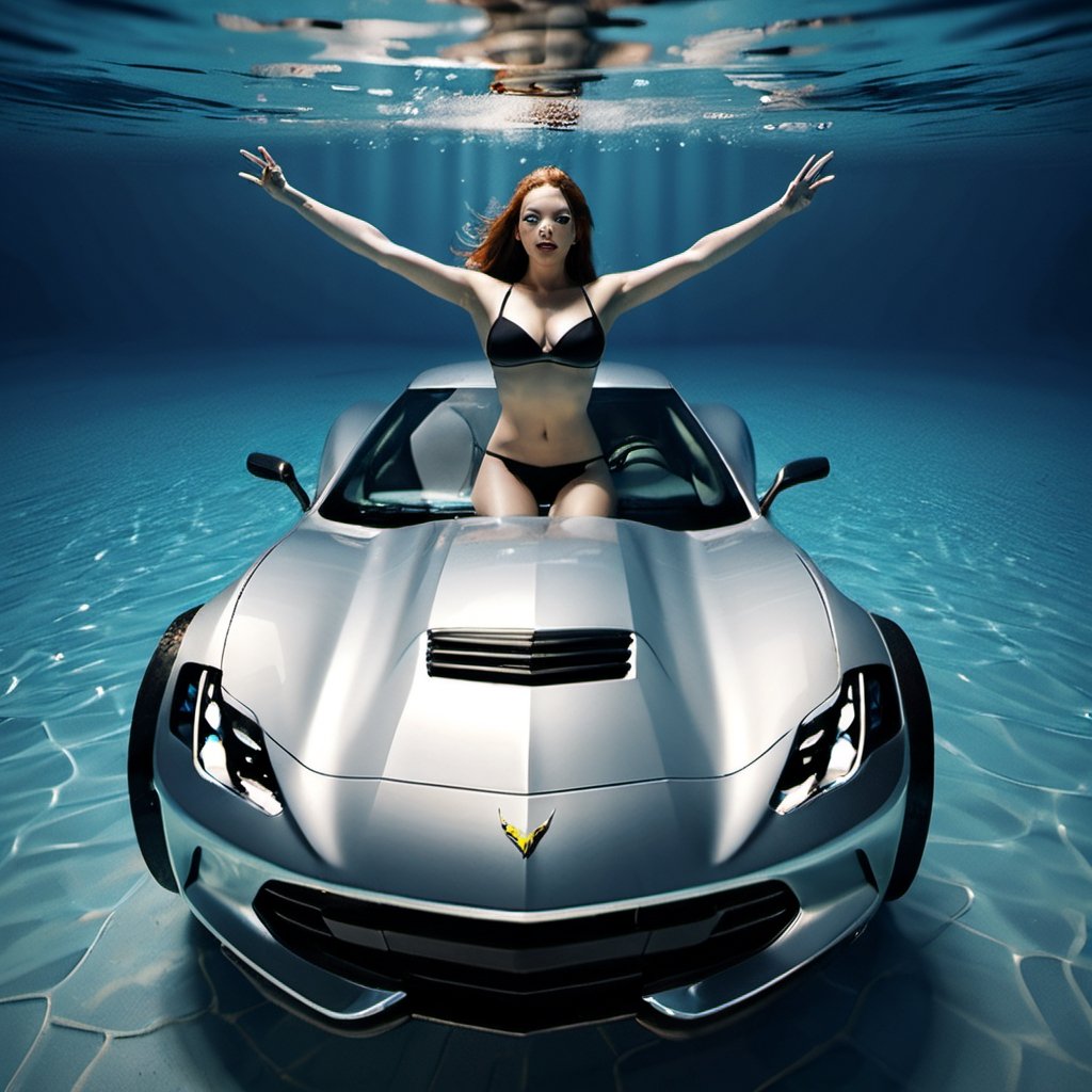 (+18) ,
A sexy woman diver swimming near a Corvette stingray inside a swimming pool under water ,, 

underwater,macro shot,c_car,Concept Cars