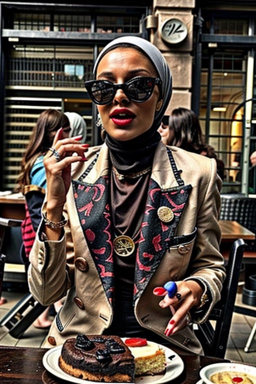 1girl, blindfold, blurry, 
cake, chair, cup, dish, food, fork, jewelry, necklace, plate, saucer, solo, steak, sunglasses, table, tea, teacup, tray, blonde_hair, sitting, jacket, upper_body, parted_lips, dark_skin, nail_polish, 
Arabic girl, 
dark-skinned_female, hijab ,
lips, makeup, buttons, blurry_background, formal, ring, white_jacket, suit, red_nails, realistic, red_lips, pov_across_table, old money,old money