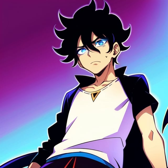 (masterpiece), high quality, 15 years old boy, solo, anime style, short hair, black hair, serious-demon look, black ninja mask to the chest, snow white short t-shirt, black baggy pants, right sky blue eye, left black eye, glowing eyes, sky blue aura. 