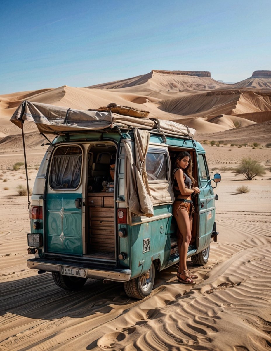 ((extremely realistic photo)), ((professional photo)), A woman standing in the doorway of a van in the desert, ((ultra sharp focus)), (realistic textures and skin:1.1), (realistic and perfect gray eyes:1.1), ((perfect design of hands and fingers)), aesthetic. masterpiece, pure perfection, high definition ((best quality, masterpiece, detailed)), ultra high resolution, hdr, art, high detail, add more detail, (extreme and intricate details), ((raw photo, 64k:1.37)), ((sharp focus:1.2)), (muted colors, dim colors, soothing tones ), siena natural ratio, ((more detail xl)),more detail XL,detailmaster2,Enhanced All,photo r3al,masterpiece