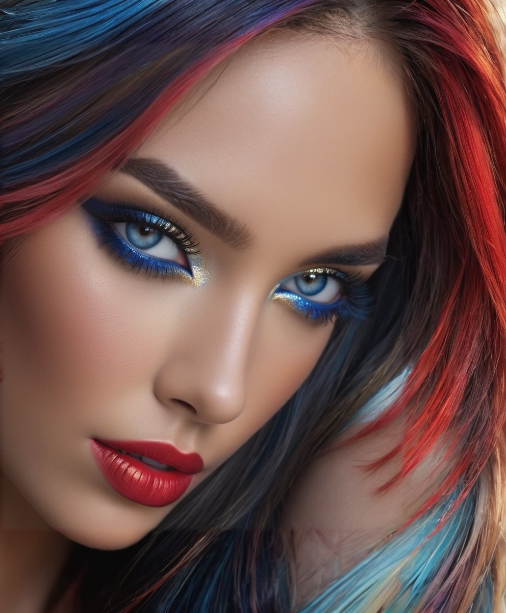 ((extremely realistic photo)), professional photo, The image features a close-up of a beautiful model with striking blue and red hair. Her bright blue eyes stand out against her bold makeup, which includes red lipstick and dramatic winged eyeliner. The woman's hair is a mix of red and blue hues, giving her an otherworldly appearance, ((ultra sharp focus:1.1)), (realistic textures and skin:1.1), (realistic and perfect gray eyes:1.1), ((perfect design of hands and fingers)), aesthetic. masterpiece, pure perfection, high definition ((best quality, masterpiece, detailed)), ultra high resolution, hdr, art, high detail, add more detail, (extreme and intricate details), ((raw photo, 64k:1.37)), ((sharp focus:1.2)), (muted colors, dim colors, soothing tones ), siena natural ratio, ((more detail xl)),more detail XL,detailmaster2,Enhanced All,masterpiece,photo r3al