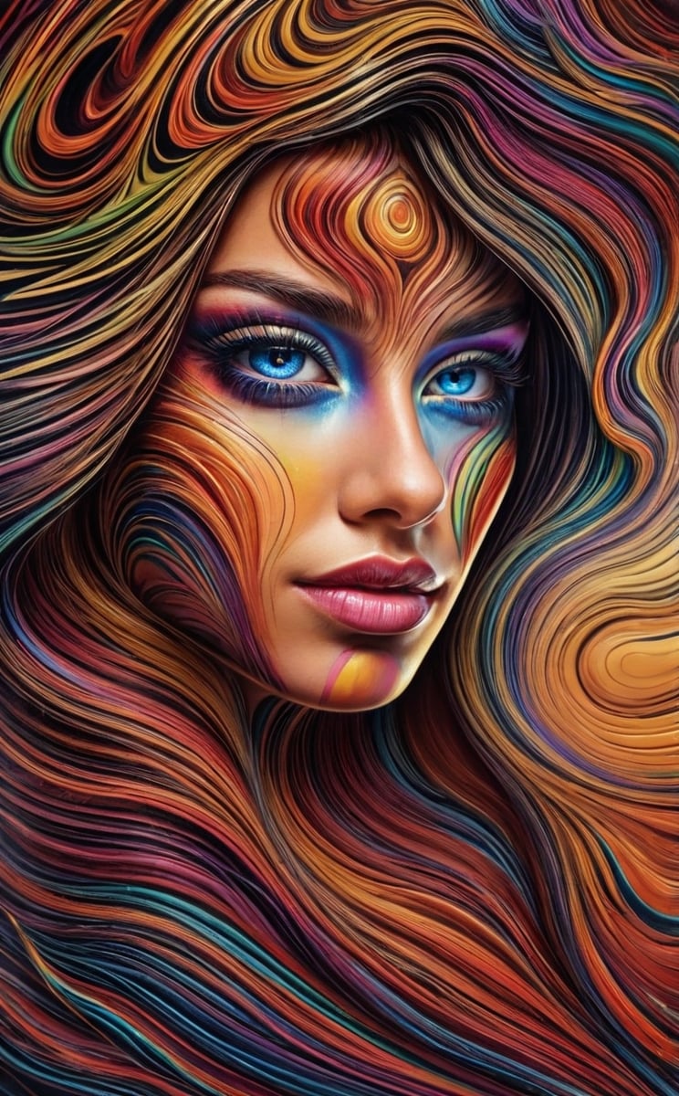 ((digital art photo)), professional photo, beautiful and aesthetic, The image is a digital painting of a woman's face surrounded by colorful hair. The hair is depicted in a rainbow of colors, including red, orange, yellow, and blue. The woman's face is also painted with vibrant colors, including blue eyes, rosy cheeks, and pink lips. The brushstrokes are thick and visible, giving the painting a textured look, ((ultra sharp focus)), (realistic textures and skin:1.1), (realistic and perfect gray eyes:1.1), ((perfect design of hands and fingers)), aesthetic. masterpiece, pure perfection, high definition ((best quality, masterpiece, detailed)), ultra high resolution, hdr, art, high detail, add more detail, (extreme and intricate details), ((raw photo, 64k:1.37)), ((sharp focus:1.2)), (muted colors, dim colors, soothing tones ), siena natural ratio, ((more detail xl)),more detail XL,detailmaster2,Enhanced All,photo r3al,masterpiece