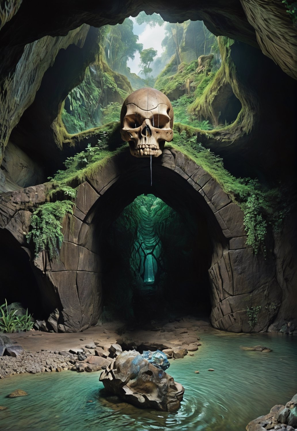 ((extremely realistic photo)), professional photo, The image features a cave hidden deep in the jungle, the entrance to the cave is a large skull carved into the rock at the foot of a pond of crystal clear waters
Deep in the jungle there is a cave with a skull at the top of the entrance. The entrance is surrounded by a rocky and mossy landscape with a small lagoon, ((ultra realistic perfect hands and fingers)), ((extremely realistic detailed and perfect_gray eyes in the center with a fade to blue on the outside)), ((ultra realistic detailed perfect face)), ((natural skin face:1.20), ((ultra sharp focus)), (realistic textures and skin:1.1), ((perfection in the hands:1.1)), aesthetic. masterpiece, pure perfection, high definition ((best quality, masterpiece, detailed)), ultra high resolution, hdr, art, high detail, add more detail, (extreme and intricate details), ((raw photo, 64k:1.37)), ((sharp focus:1.2)), (muted colors, dim colors, soothing tones ), siena natural ratio, ((more detail xl)),more detail XL,detailmaster2,Enhanced All,photo r3al,masterpiece,photo r3al,Masterpiece