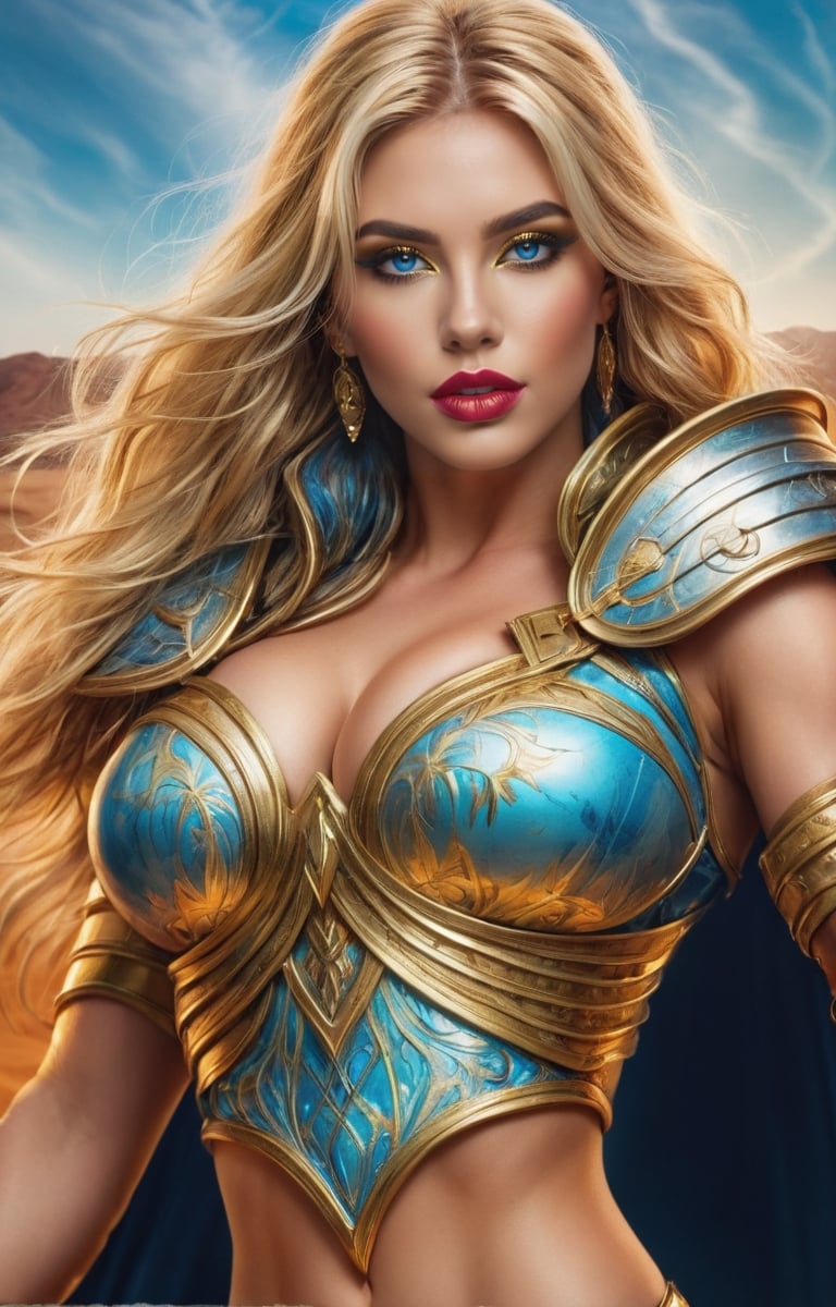 ((extremely realistic photo)), professional photo, The image features a beautiful blonde warrior woman with blue eyes and large breasts, wearing gold armor. She has long blonde hair and red lips. She is standing in front of a desert background, ((ultra sharp focus:1.1)), (realistic textures and skin:1.1), (realistic and perfect gray eyes:1.1), ((perfect design of hands and fingers)), aesthetic. masterpiece, pure perfection, high definition ((best quality, masterpiece, detailed)), ultra high resolution, hdr, art, high detail, add more detail, (extreme and intricate details), ((raw photo, 64k:1.37)), ((sharp focus:1.2)), (muted colors, dim colors, soothing tones ), siena natural ratio, ((more detail xl)),more detail XL,detailmaster2,Enhanced All,masterpiece,photo r3al