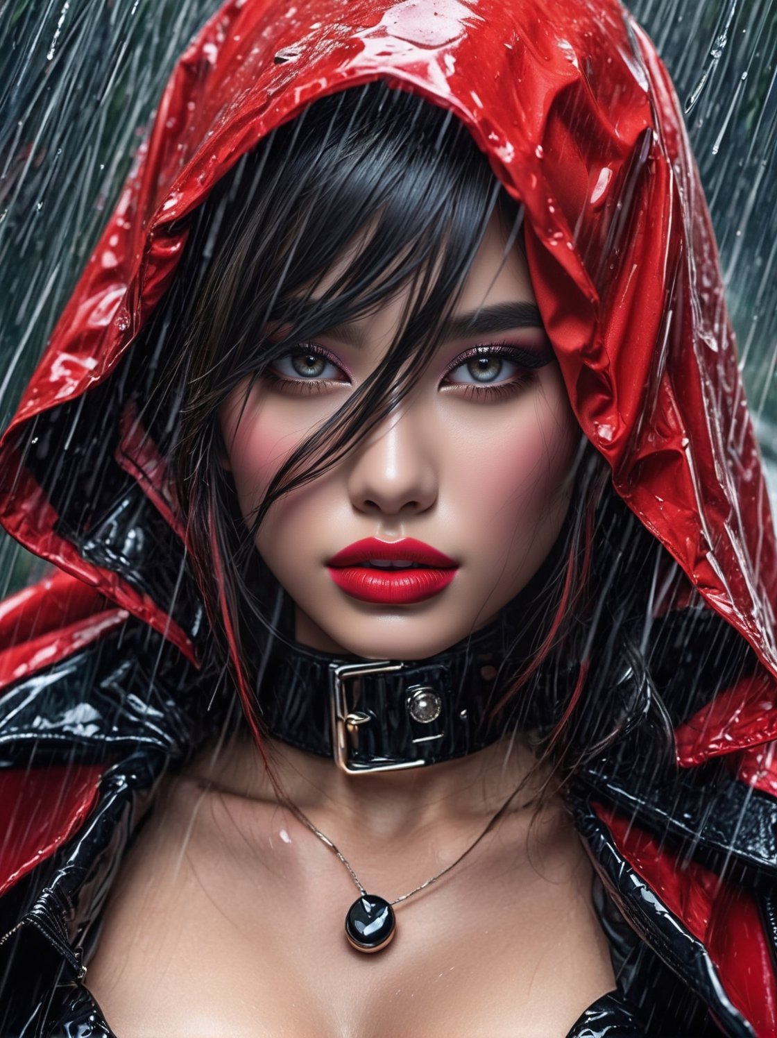 ((extremely realistic photo)), professional photo, The image features a beautiful model with grey eyes and full red lips wears a red raincoat and black leather choker, poses under the rain, ((extremely realistic detailed and perfect asian_bright_soft_grey_eyes)), ((ultra realistic detailed perfect face)), hard_black_eyeliner, ((hard pink gradient to hard silver eyeshadow:1.20)) and ((full lips intense_red_color lipstick:1.20)), ((ultra sharp focus)), (realistic textures and skin:1.1), ((perfection in the hands:1.1)), aesthetic. masterpiece, pure perfection, high definition ((best quality, masterpiece, detailed)), ultra high resolution, hdr, art, high detail, add more detail, (extreme and intricate details), ((raw photo, 64k:1.37)), ((sharp focus:1.2)), (muted colors, dim colors, soothing tones ), siena natural ratio, ((more detail xl)),more detail XL,detailmaster2,Enhanced All,photo r3al,masterpiece,photo r3al