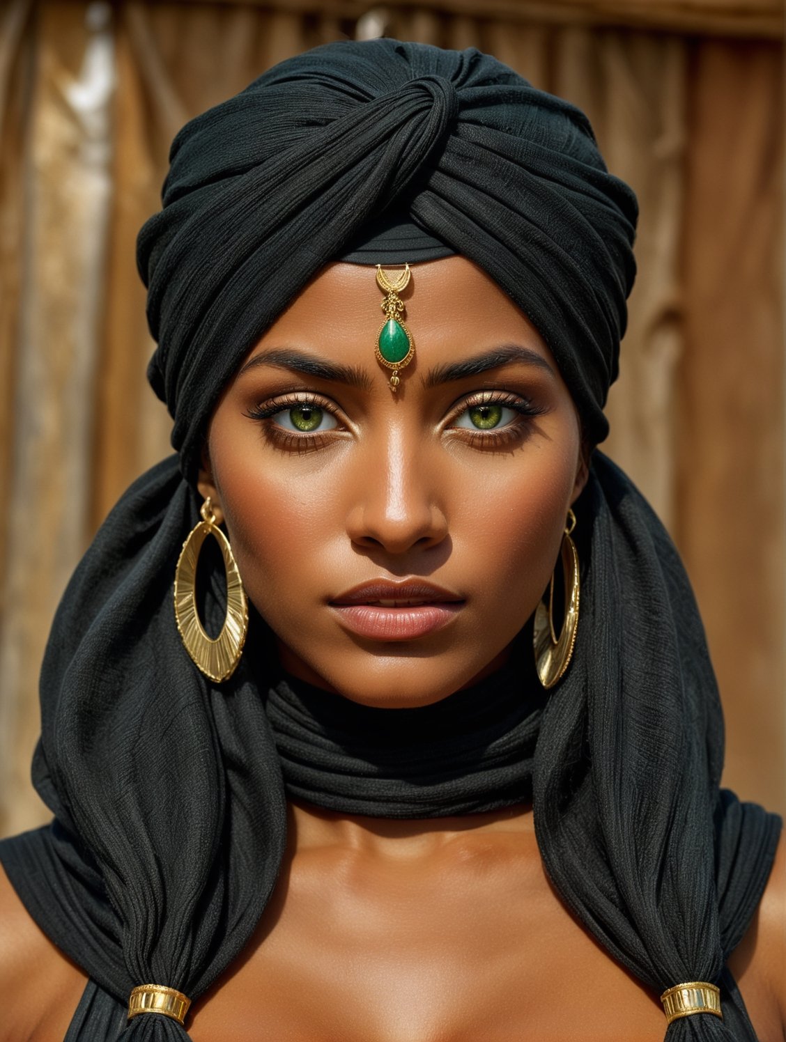 ((extremely realistic photo)), professional photo, The image features a beautiful tuareg woman with green eyes and a black turban 
with big gold earrings stares into the camera with a serious expression, ((ultra realistic detailed perfect face)), ((ultra sharp focus)), (realistic textures and skin:1.1), ((perfection in the hands:1.1)), aesthetic. masterpiece, pure perfection, high definition ((best quality, masterpiece, detailed)), ultra high resolution, hdr, art, high detail, add more detail, (extreme and intricate details), ((raw photo, 64k:1.37)), ((sharp focus:1.2)), (muted colors, dim colors, soothing tones ), siena natural ratio, ((more detail xl)),more detail XL,detailmaster2,Enhanced All,photo r3al,masterpiece,photo r3al