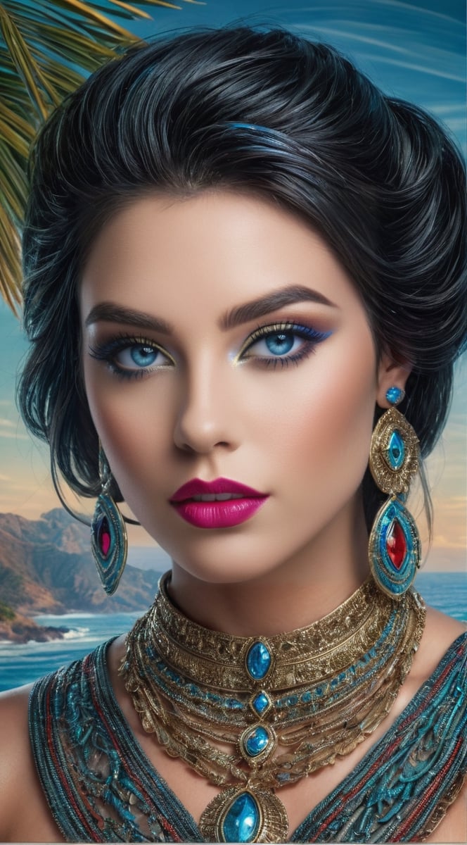 ((extremely realistic photo)), professional photo, The image features a beautiful model with striking blue eyes and dark hair, wearing elaborate blue and red jewelry. She is set against a backdrop of a tropical landscape with palm trees and the ocean, ((ultra sharp focus:1.1)), (realistic textures and skin:1.1), (realistic and perfect gray eyes:1.1), ((perfect design of hands and fingers)), aesthetic. masterpiece, pure perfection, high definition ((best quality, masterpiece, detailed)), ultra high resolution, hdr, art, high detail, add more detail, (extreme and intricate details), ((raw photo, 64k:1.37)), ((sharp focus:1.2)), (muted colors, dim colors, soothing tones ), siena natural ratio, ((more detail xl)),more detail XL,detailmaster2,Enhanced All,masterpiece,photo r3al