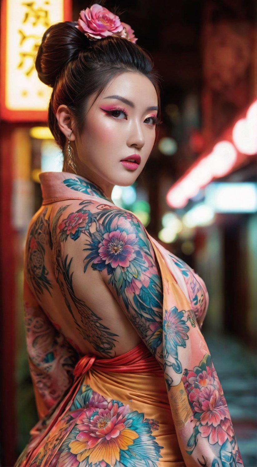 ((extremely realistic photo)), (professional photo), The image feature a beautiful geisha with tattoos he poses with his back and looking at the camera in a neon-lit street, ((ultra sharp focus)), (realistic textures and skin:1.1), aesthetic. masterpiece, pure perfection, high definition ((best quality, masterpiece, detailed)), ultra high resolution, hdr, art, high detail, add more detail, (extreme and intricate details), ((raw photo, 64k:1.37)), ((sharp focus:1.2)), (muted colors, dim colors, soothing tones ), siena natural ratio, ((more detail xl)),more detail XL,detailmaster2,Enhanced All,photo r3al,masterpiece,photo r3al,Masterpiece,Fashion Illustration,Architectural100,armor,royal,pauldron,noble,divine,DonMn1ghtm4reXL,Angel,mad-cyberspace,glass shiny style,watce,Mecha,underwater,girl,Realistic,arien photography