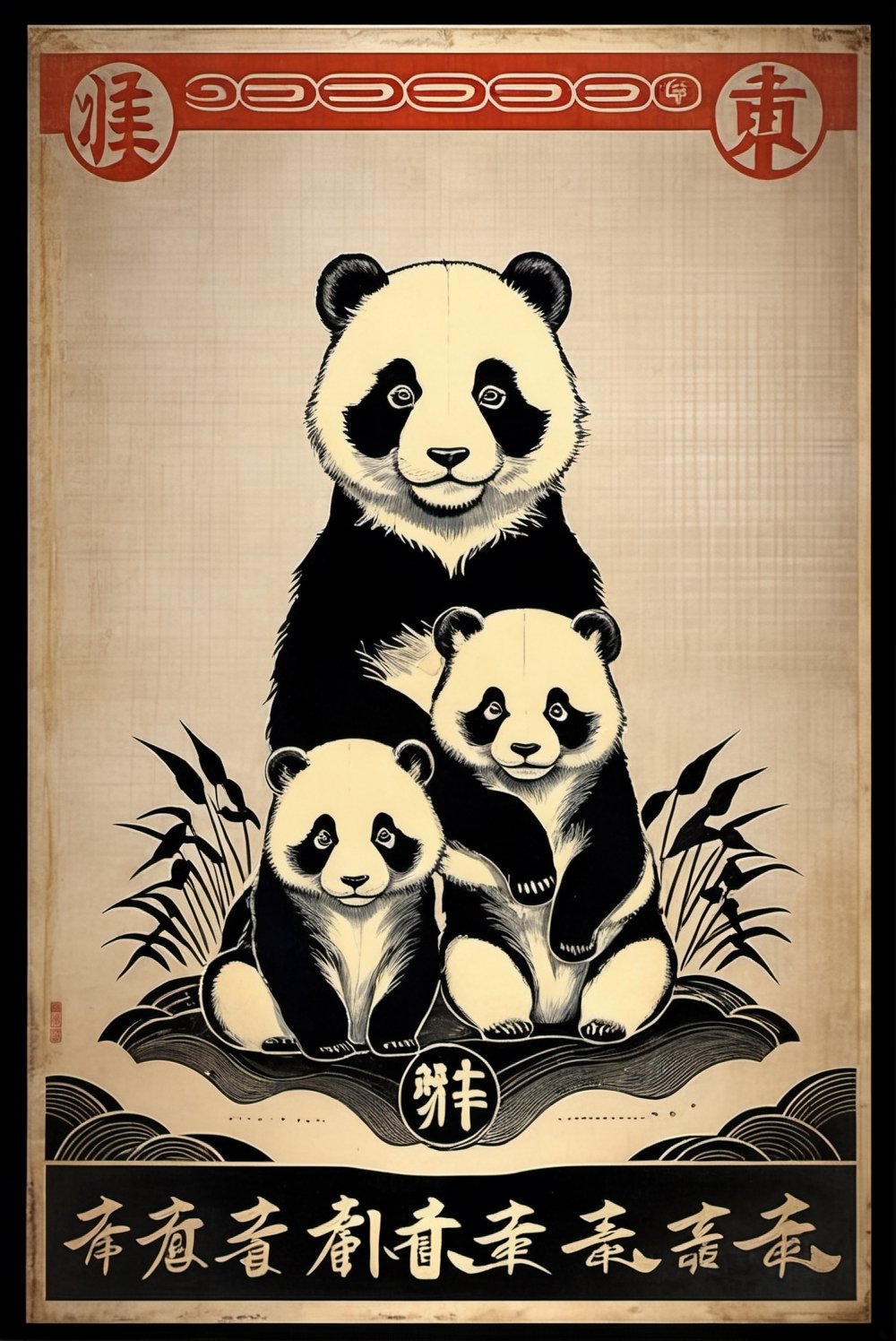 ((extremely realistic photo)), (professional image), In this ink illustration, there is a panda with two cubs sitting on a riverbank. The panda is in the middle, the one on the left is smaller and the one on the right is larger. They are surrounded by grass and bamboo. The panda is in black and white, and there is a red frame at the top and bottom with Chinese characters. Vintage poster print, ((ultra sharp focus)), (realistic textures:1.1), aesthetic. masterpiece, pure perfection, high definition ((best quality, masterpiece, detailed)), ultra high resolution, hdr, art, high detail, add more detail, (extreme and intricate details), ((raw photo, 64k:1.37)), ((sharp focus:1.2)), (muted colors, dim colors, soothing tones ), siena natural ratio, ((more detail xl)),more detail XL,detailmaster2,Enhanced All,photo r3al,masterpiece,photo r3al,Masterpiece,Fashion Illustration