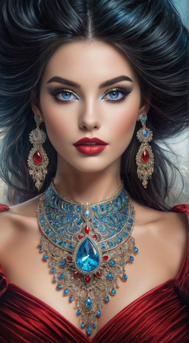 ((extremely realistic photo)), professional photo, The image features a beautiful model with long black hair with an elaborate hairstyle and bright blue eyes, wearing a red dress and an elaborate necklace and earring jewelry set, ((ultra sharp focus:1.1)), (realistic textures and skin:1.1), (realistic and perfect gray eyes:1.1), ((perfect design of hands and fingers)), aesthetic. masterpiece, pure perfection, high definition ((best quality, masterpiece, detailed)), ultra high resolution, hdr, art, high detail, add more detail, (extreme and intricate details), ((raw photo, 64k:1.37)), ((sharp focus:1.2)), (muted colors, dim colors, soothing tones ), siena natural ratio, ((more detail xl)),more detail XL,detailmaster2,Enhanced All,masterpiece,photo r3al