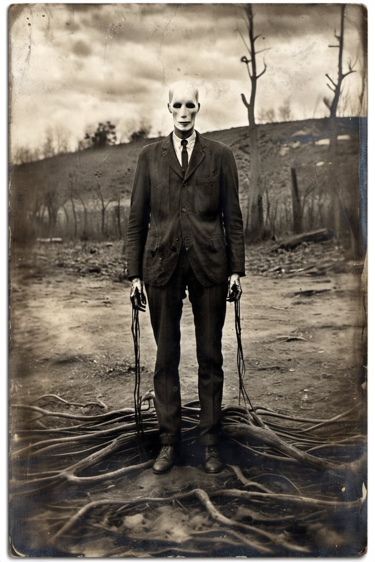 Old image of slenderman, scary, weathered, time-worn, weather-beaten, aged appearance, intense gaze, Extremely Realistic,more detail XL,monster