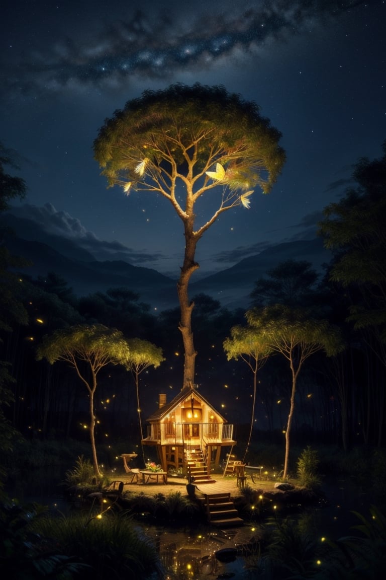 night sky, firefliesfireflies, DonMG414, Miniature, Ultra realistic, hyper realistic, photo realistic, Miniature fantastical treehouse, night time, isometric, ,firefliesfireflies,FFIXBG