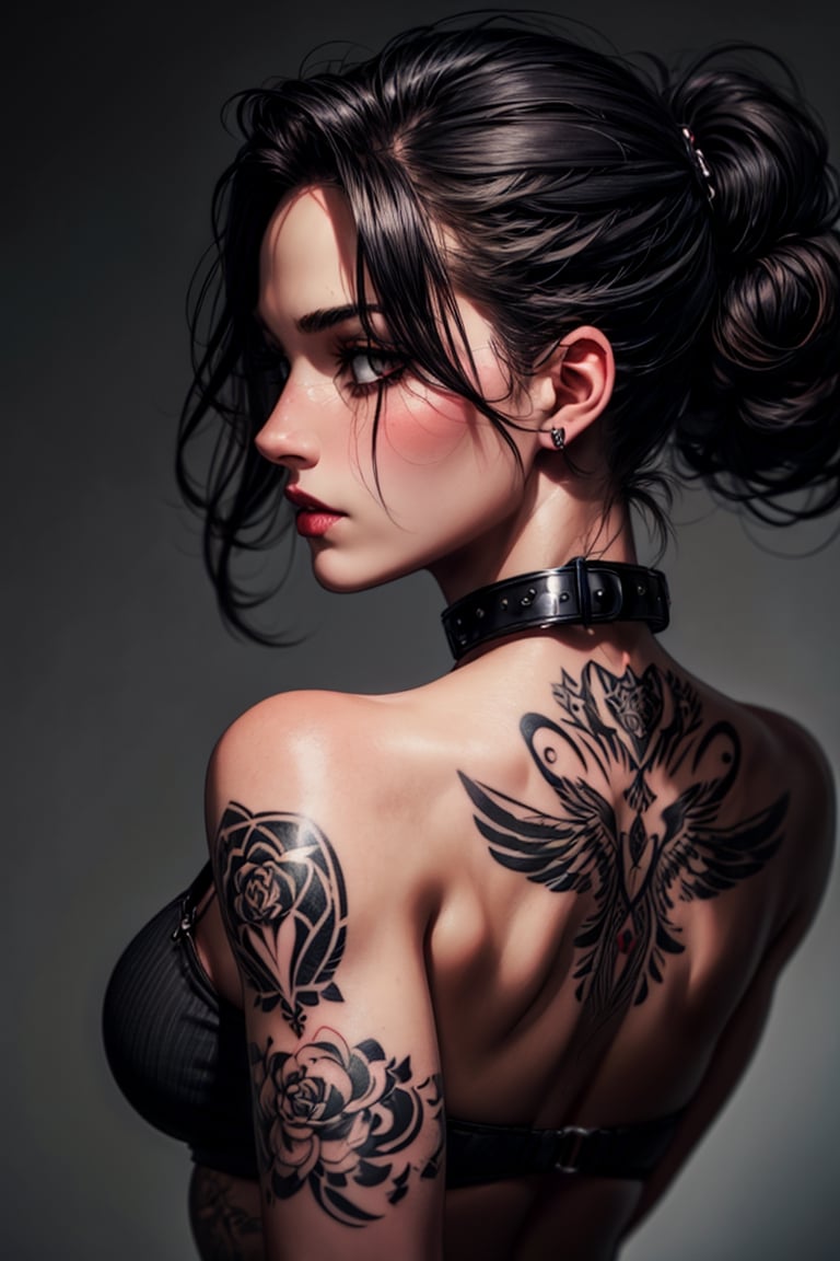 DarkTheme, shot from behind, minimalistic tatto on her back, professional photoshoot, supermodel, super sexy body, attractive face, goth girl, choke collar, pose,perfecteyes,MFBP1,Enhance,photorealistic,Masterpiece,1guy,REALISTIC,realistic,