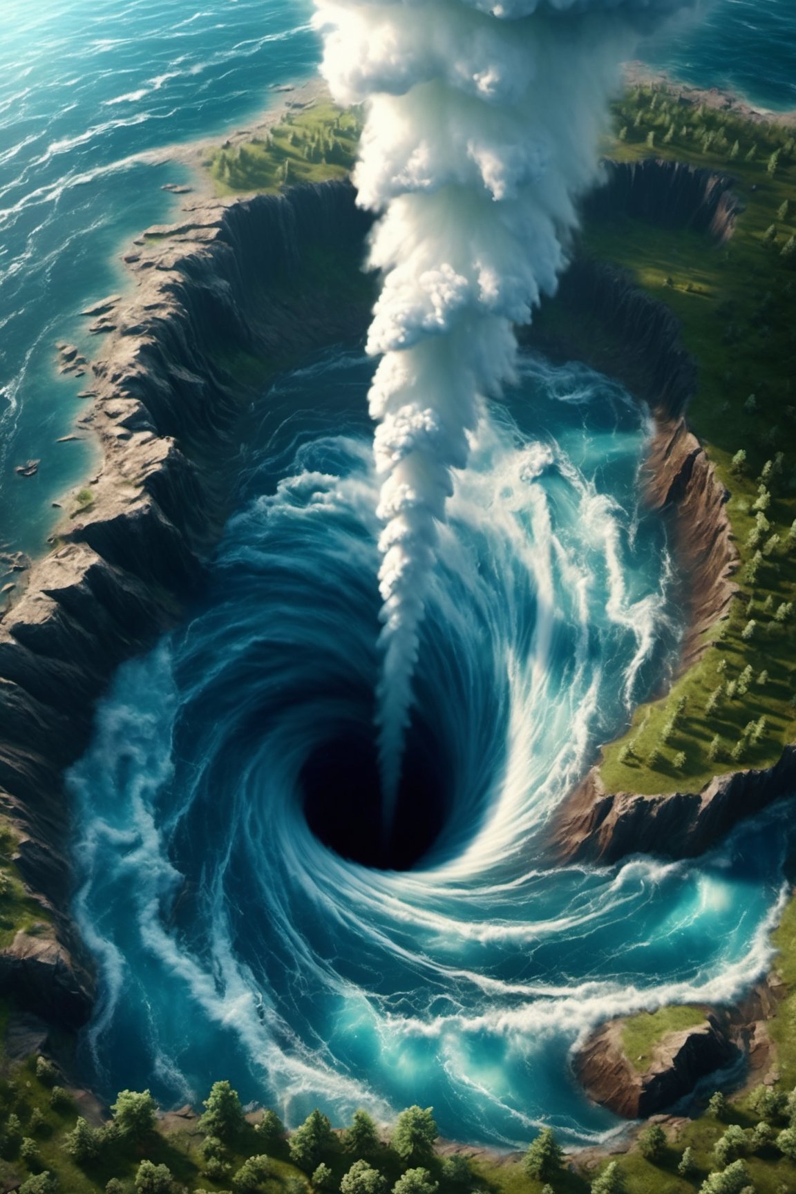 Ultra realistic, hyper realistic, photo realistic, isometric, tornado above water and whirlpool underwater, FFIXBG,more detail XL,monster,ice and water,ice