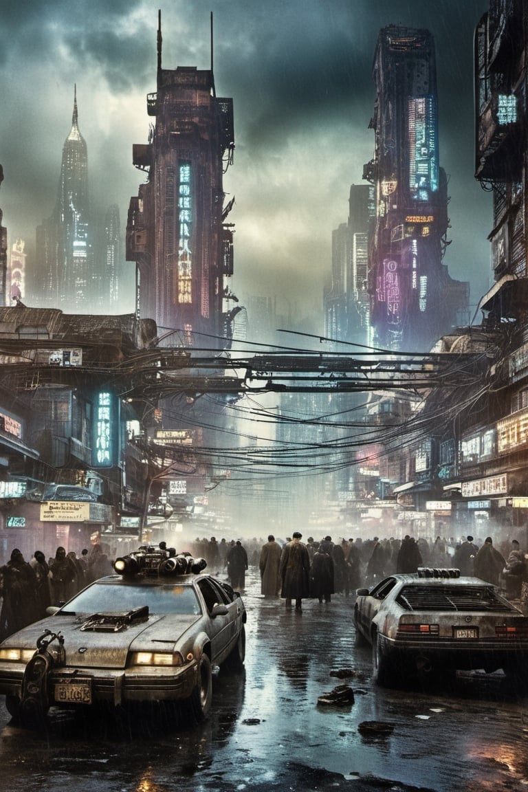 Old image of cyberpunk city, weathered, time-worn, weather-beaten, aged appearance, intense gaze, Extremely Realistic,more detail XL,monster,night city