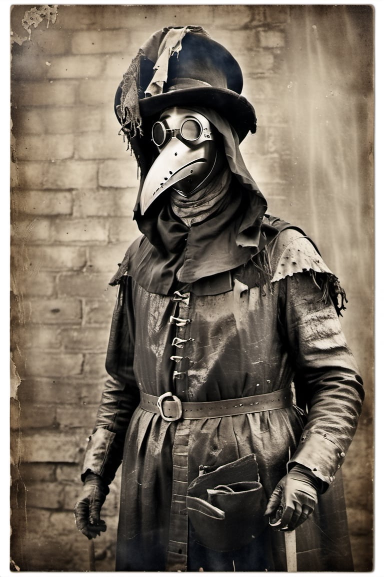 Old image of a plague doctor from the 16th century, scary, weathered, time-worn, weather-beaten, aged appearance, intense gaze, Extremely Realistic,more detail XL,monster