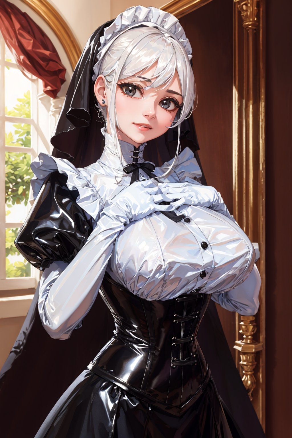 Imagine this. Upscaled. (Masterpiece, best quality, high resolution, highly detailed), Indoors detailed background, perfect lighting. (1girl:1.3), solo, (Hands:1.1), better_hands, gloved hands, better_hands. Rule of thirds,
Corny Katrina maid with white hair smiling and teasing you. Maid, black dress (dress:1.2), heavy duty working rubber gloves, puffy skirt, long skirt, puffy sleeves, long sleeves, Juliet sleeves, buttoned blouse with Victorian neck, tight corset, (huge breasts:1.1), breastfeeding chest. Indoors, (renaissance, vintage:1.2), ornate walls, 
By Paracosmos. 
,nodf_lora,LatexConcept