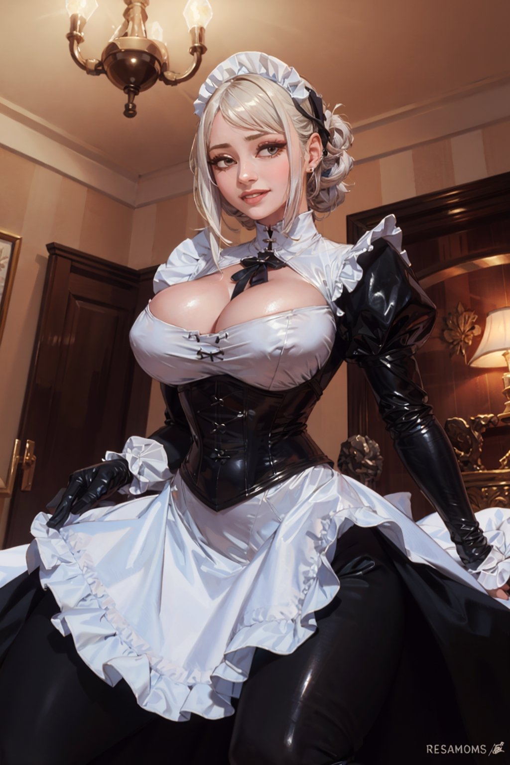 Imagine this. Upscaled. (Masterpiece, best quality, high resolution, highly detailed), Indoors detailed background, perfect lighting. (1girl:1.3), solo, (Hands:1.1), better_hands, gloved hands, better_hands. Rule of thirds,
Corny Katrina maid with white hair smiling and teasing you. Maid, black dress (dress:1.2), heavy duty working rubber gloves, puffy skirt, long skirt, puffy sleeves, long sleeves, Juliet sleeves, buttoned blouse with Victorian neck, tight corset, (huge breasts:1.1), breastfeeding chest. Indoors, (renaissance, vintage:1.2), ornate walls, 
By Paracosmos. 
,nodf_lora,LatexConcept