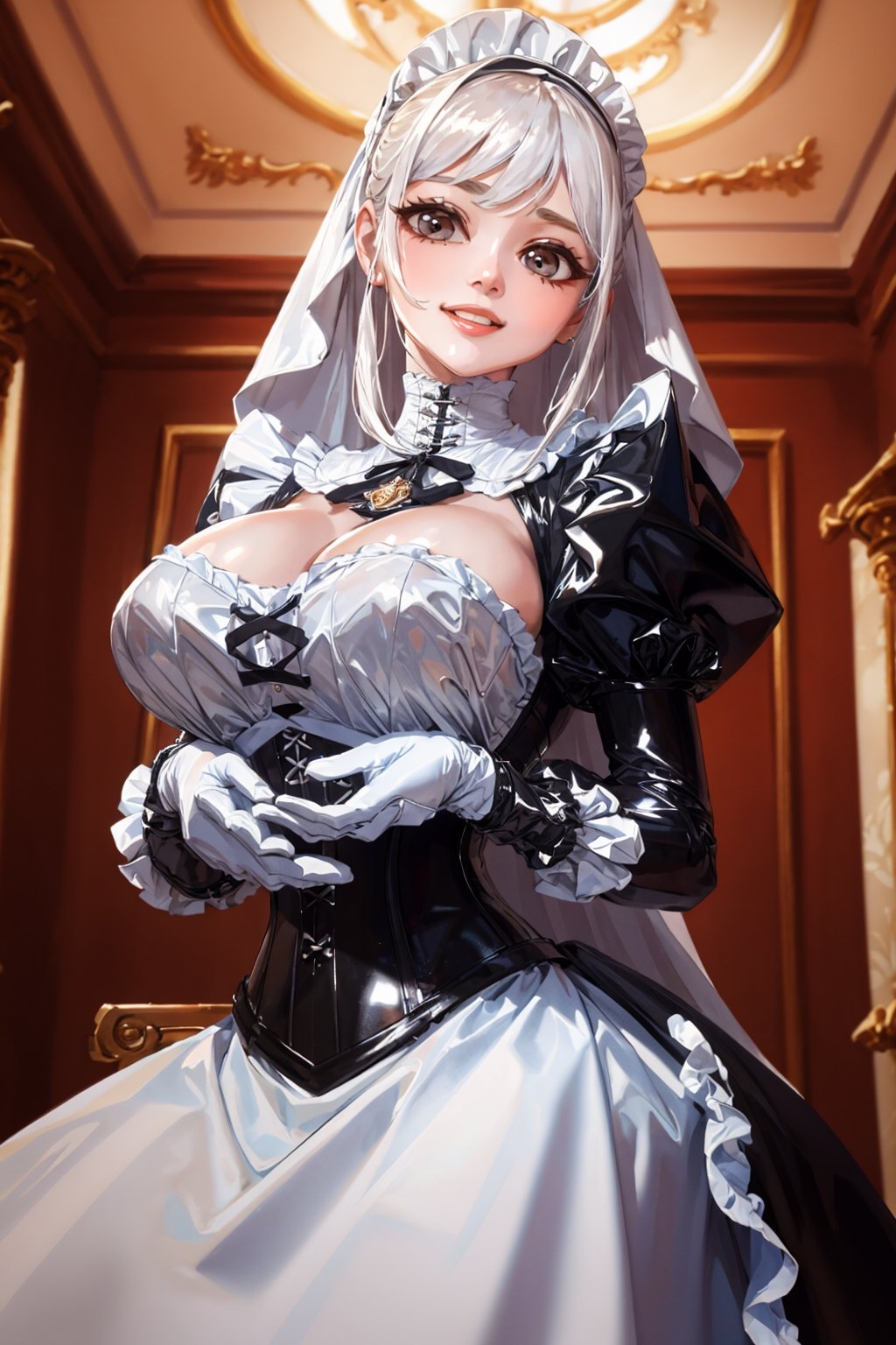 Imagine this. Upscaled. (Masterpiece, best quality, high resolution, highly detailed), Indoors detailed background, perfect lighting. (1girl:1.3), solo, (Hands:1.1), better_hands, gloved hands, better_hands. Rule of thirds,
Corny Katrina maid with white hair smiling and teasing you. Maid, black dress (dress:1.2), heavy duty working rubber gloves, puffy skirt, long skirt, puffy sleeves, long sleeves, Juliet sleeves, buttoned blouse with Victorian neck, tight corset, (huge breasts:1.1), breastfeeding chest. Indoors, (renaissance, vintage:1.2), ornate walls, 
By Paracosmos. 
,nodf_lora,LatexConcept