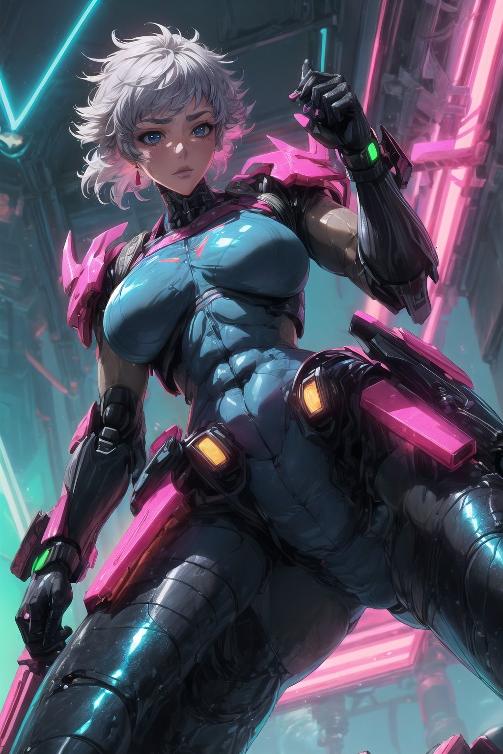 Masterpiece, Best quality, Photorealistic, Ultra-detailed, fine detail, high resolution, 8K wallpaper, a close up of a woman in a futuristic suit with a sci - futuristic weapon, girl in mecha cyber armor, cyberpunk anime girl mech, female mecha, female cyberpunk anime girl, digital cyberpunk anime art, clothed in cyber armour, cyber suit, neon scales and cyborg tech, cyberpunk femme fatale, cyberpunk anime girl, cyberpunk 2 0 y. o model girl1 girl,solo,Beautiful icon girl, mechanical ,mecha_musume,many led light, ocean, colorful_hair ,mechanical, blue sky, gundam_girl,1girl,(shiny oil skin:1.6),laser sword ,Enhance,Mecha girl,curve body,High detailed, spread legs, facing the viewer:1.5,  (long shot:0.9), (from below:1.6),High detailed