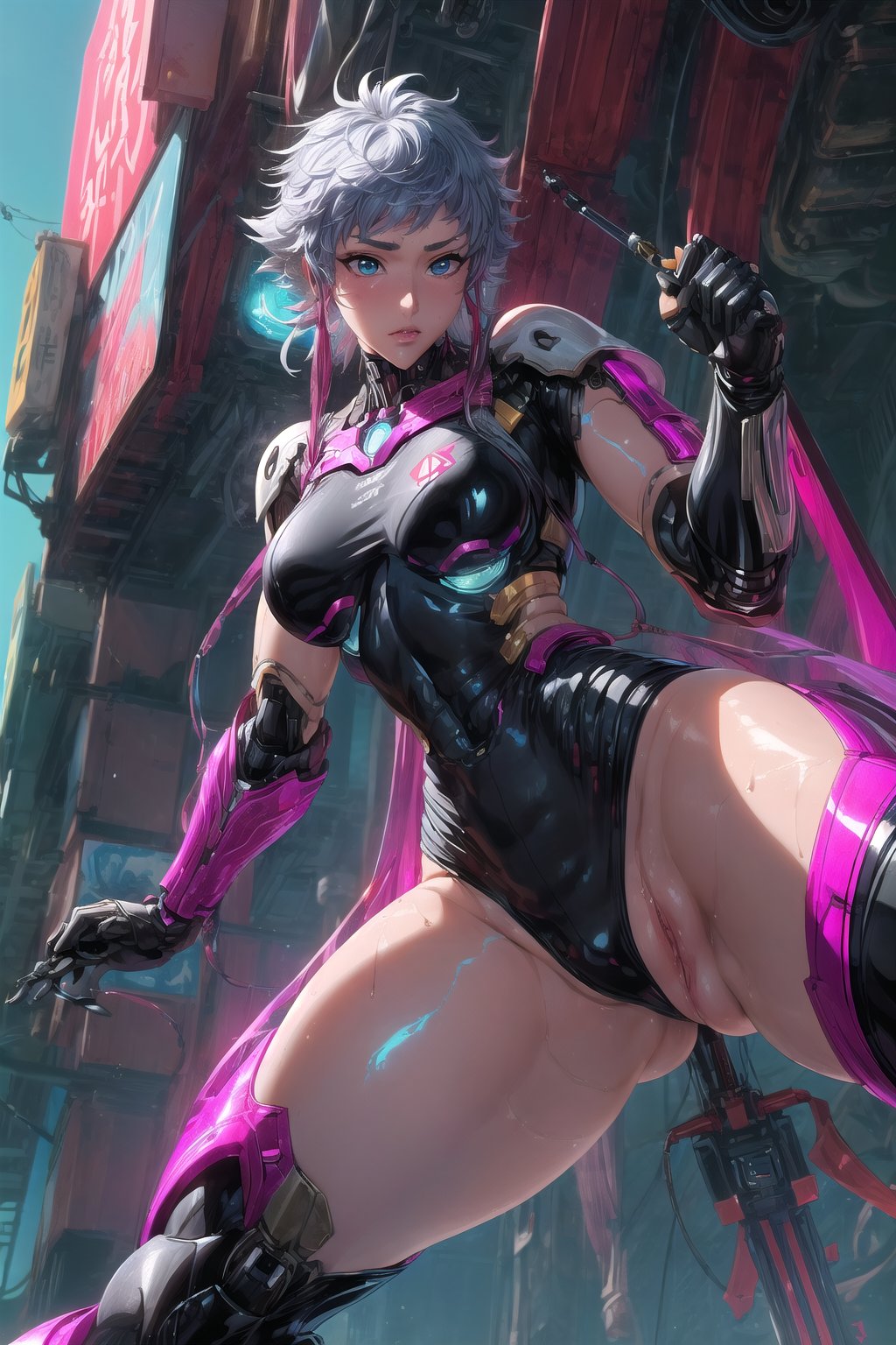 Masterpiece, Best quality, Photorealistic, Ultra-detailed, fine detail, high resolution, 8K wallpaper, a close up of a woman in a futuristic suit with a sci - futuristic weapon, girl in mecha cyber armor, cyberpunk anime girl mech, female mecha, female cyberpunk anime girl, digital cyberpunk anime art, clothed in cyber armour, cyber suit, neon scales and cyborg tech, cyberpunk femme fatale, cyberpunk anime girl, cyberpunk 2 0 y. o model girl1 girl,solo,Beautiful icon girl, mechanical ,mecha_musume,many led light, ocean, colorful_hair ,mechanical, blue sky, gundam_girl,1girl,(shiny oil skin:1.6),laser sword ,Enhance,Mecha girl,curve body,High detailed, spread legs, facing the viewer:1.5,  (long shot:0.9), (from below:1.6),High detailed