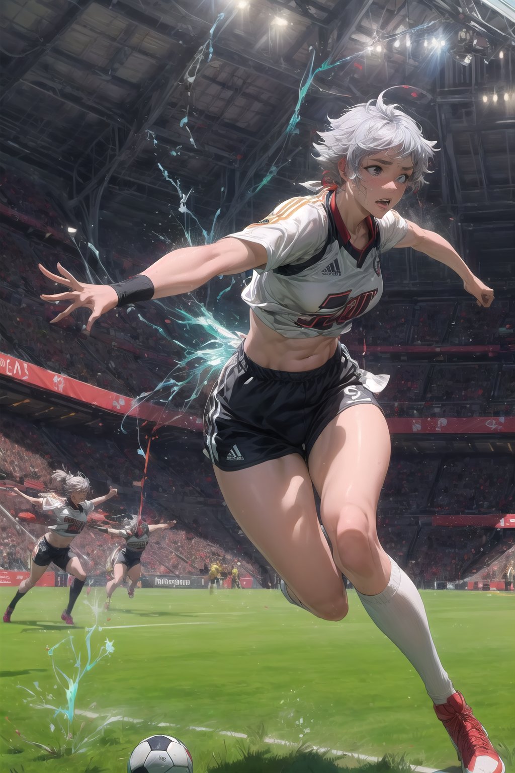 A dynamic sports scene unfolds: a radiant athlete, clad in electric green and white stripes, charges down the pitch with unwavering focus. The golden sunbeams illuminate her toned physique, accentuating the coiled power in her left leg as she takes aim from outside the penalty area. With swift precision, she unleashes a forceful shot, generating a swirling whirlpool of energy as the ball hurtles towards the goal.