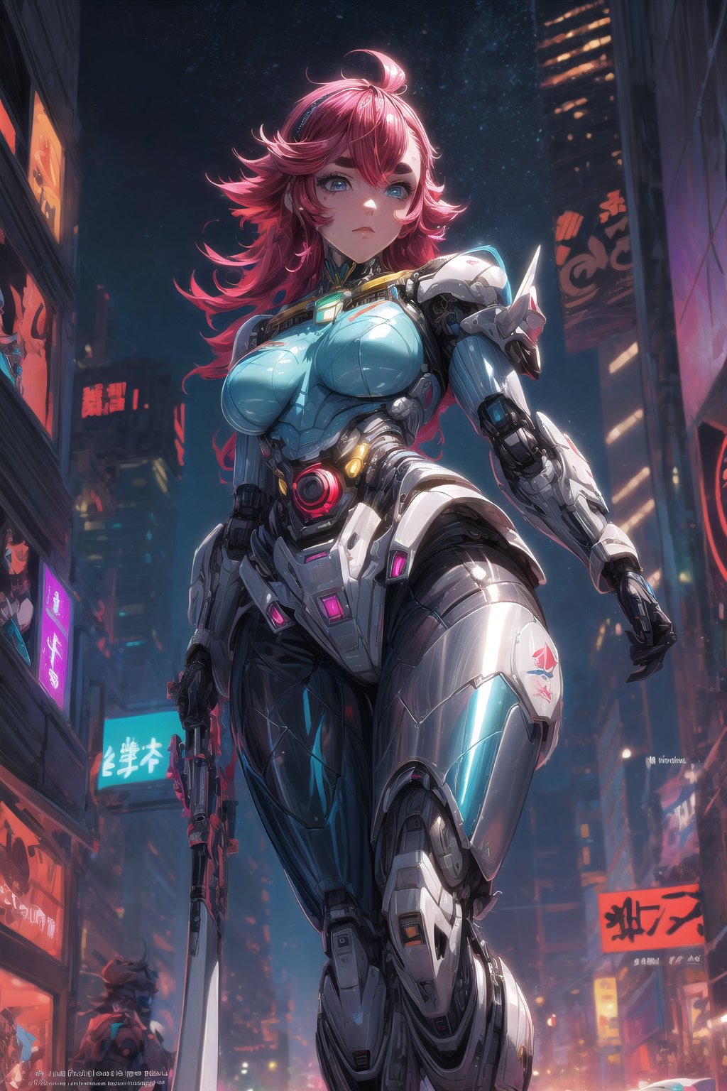 Masterpiece, Best quality, Photorealistic, Ultra-detailed, fine detail, high resolution, 8K wallpaper, a close up of a woman in a futuristic suit with a sci - futuristic weapon, girl in mecha cyber armor, cyberpunk anime girl mech, female mecha, female cyberpunk anime girl, digital cyberpunk anime art, clothed in cyber armour, cyber suit, neon scales and cyborg tech, cyberpunk femme fatale, cyberpunk anime girl, cyberpunk 2 0 y. o model girl1 girl,solo,Beautiful icon girl, mechanical ,mecha_musume,many led light, ocean, colorful_hair ,mechanical, blue sky, gundam_girl,1girl,(shiny oil skin:1.6),laser sword ,Enhance,Mecha girl,curve body,High detailed, spread legs, facing the viewer:1.5,  (long shot:0.9), (from below:1.6),High detailed,SulettaMer