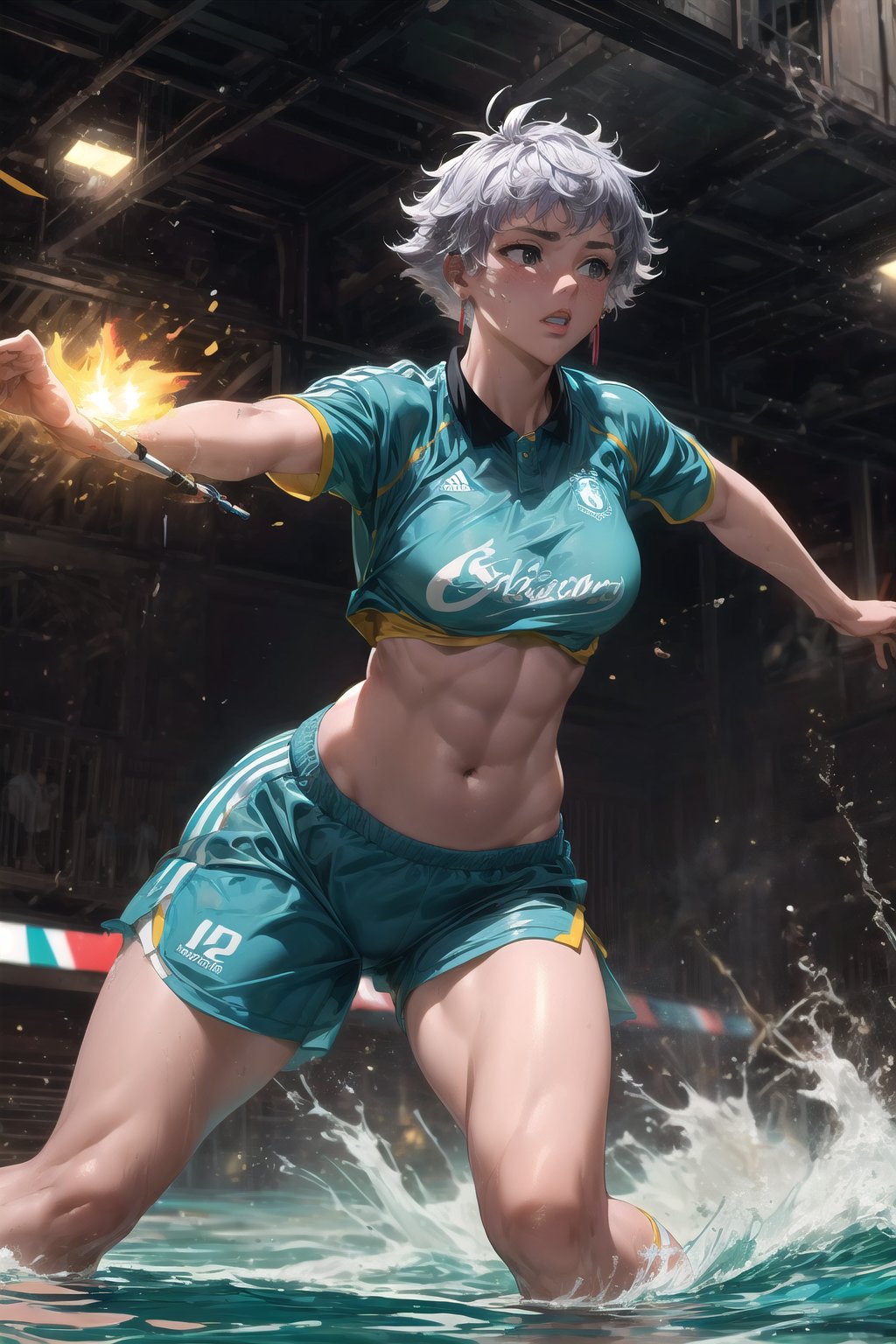 A dynamic sports scene unfolds: a radiant athlete, clad in electric green and white stripes, charges down the pitch with unwavering focus. The golden sunbeams illuminate her toned physique, accentuating the coiled power in her left leg as she takes aim from outside the penalty area. With swift precision, she unleashes a forceful shot, generating a swirling whirlpool of energy as the ball hurtles towards the goal.