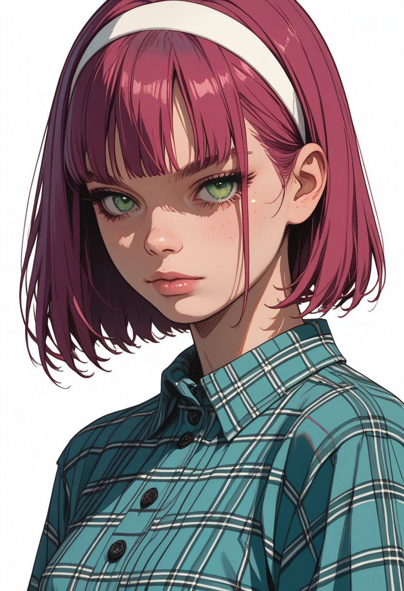 score_9, score_8_up, score_7_up, source_anime, a pretty woman, magenta straight hair, bob haircut, green eyes, white bow hairband, plaid shirt ,skinny, saturated flat colours, sinozick style, portrait 