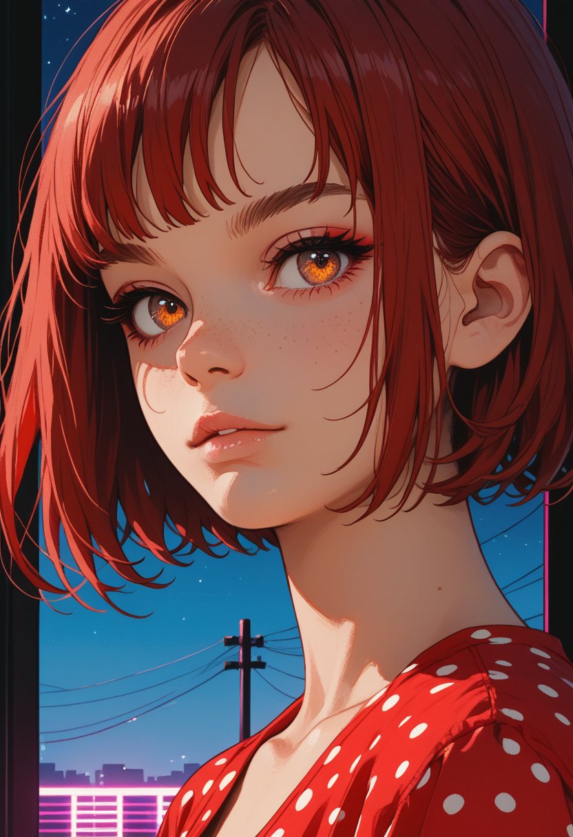 score_9, score_8_up, score_7_up, a pretty woman, red hair, (messy hair:0.7), hazel eyes, bob haircut, red dot polka dress, saturated flat colours, sinozick style, closeup portrait, night city, synthwave