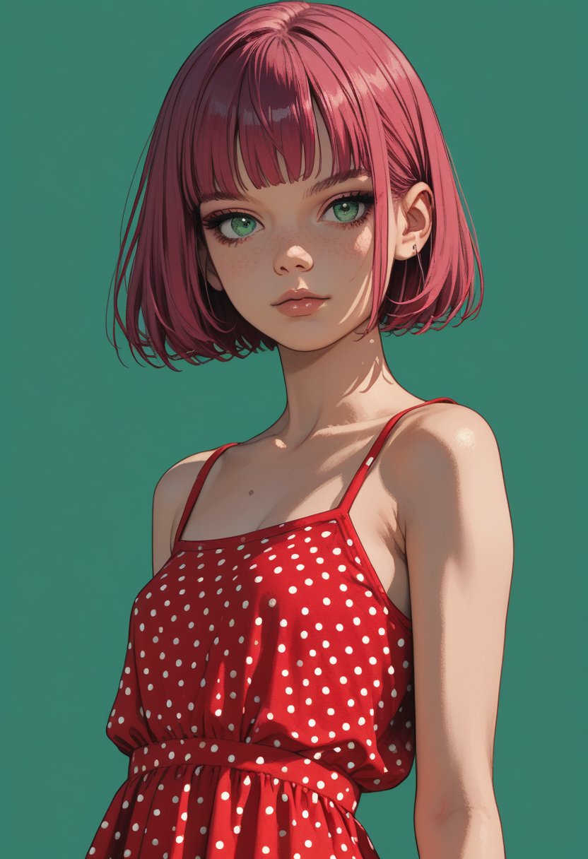 score_9, score_8_up, score_7_up, source_anime, a pretty woman, magenta straight hair, bob haircut, green eyes, red polka dot dress, skinny, saturated flat colours, sinozick style