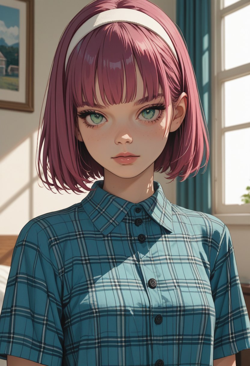 score_9, score_8_up, score_7_up, source_anime, a pretty woman, magenta straight hair, bob haircut, green eyes, white bow hairband, blue plaid shirt ,skinny, saturated flat colours, sinozick style, house room