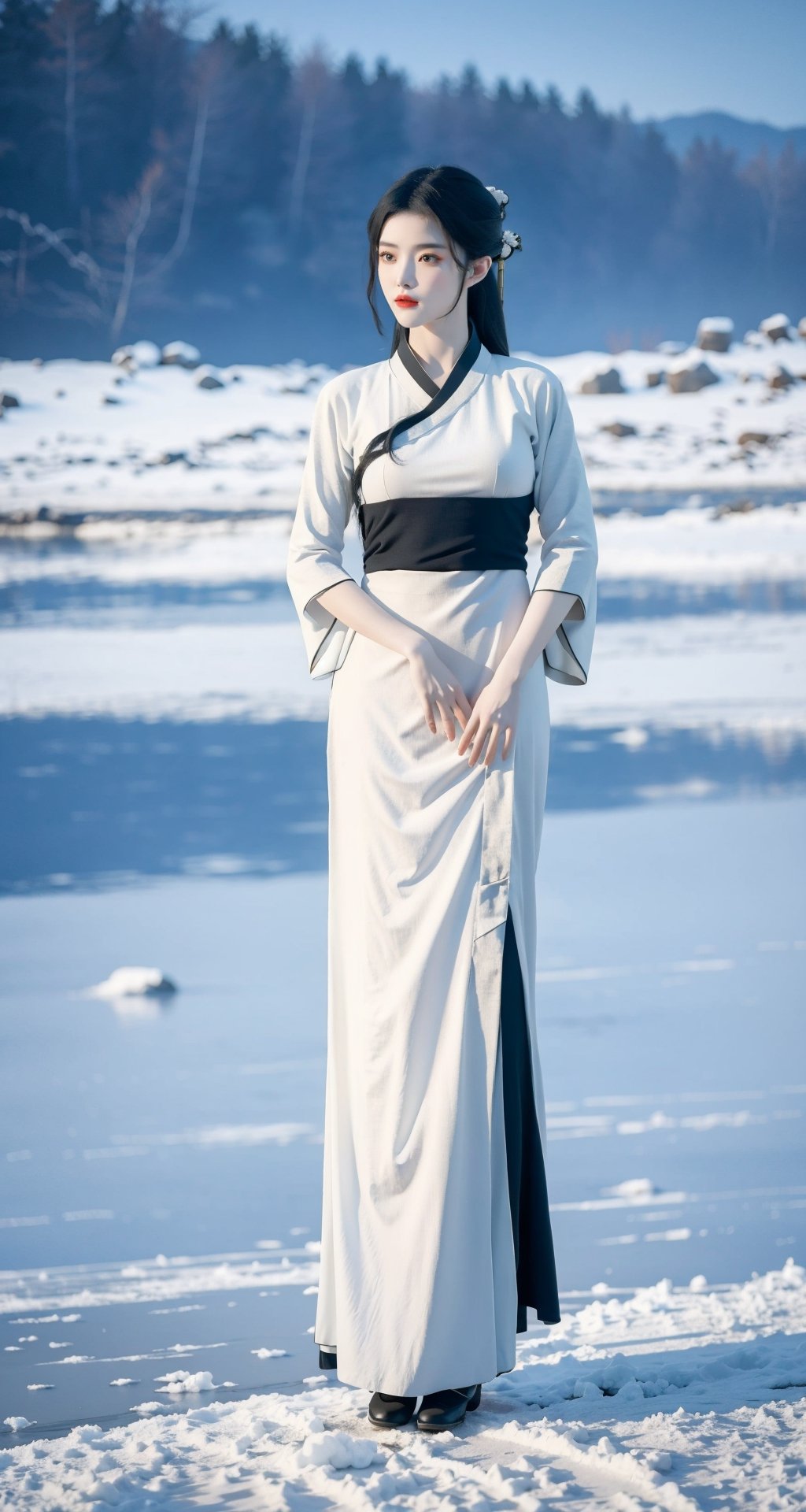 8k, masterpiece, best quality, dream wave, aesthetic, ((1 girl)),(hanfu clothes:1.3), (large breasts:1.29),((winter:1.2)),(snow:1.2), (false:1.15),(void:1.25),(magic:1.25),dream_girl,kimyojung,full body