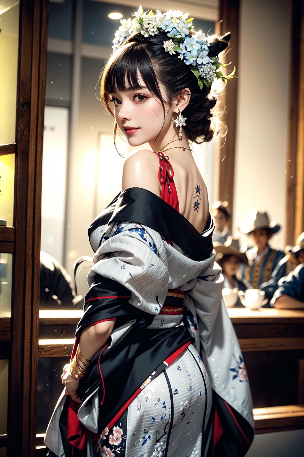 Masterpiece, beautiful details, perfect focus, uniform 8K wallpaper, high resolution, exquisite texture in every detail,, 1 girl, solo, bangs, hair ornament, jewelry, smile, ((cowboy shot: 1.5)), flower, Gray hair, earrings, Japanese clothes, flowers in hair, kimono, off-shoulder, ((looking back: 1.5)), obi, profile, floral pattern, hydrangea flower, black kimono, branches
