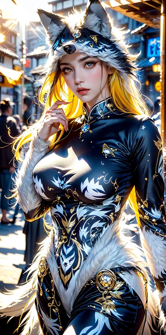 (Aphrodite, goddess ,Minerva) wearing (complex wolf pattern costume :1.7) , yellow hair, ancient Japan street, faint smile gracefully,above waist,(lens flare: 1.3),Masterpiece, beautiful details, perfect focus, uniform 8K wallpaper, high resolution, exquisite texture in every detail, grey and white entanglement,crystal and silver entanglement,