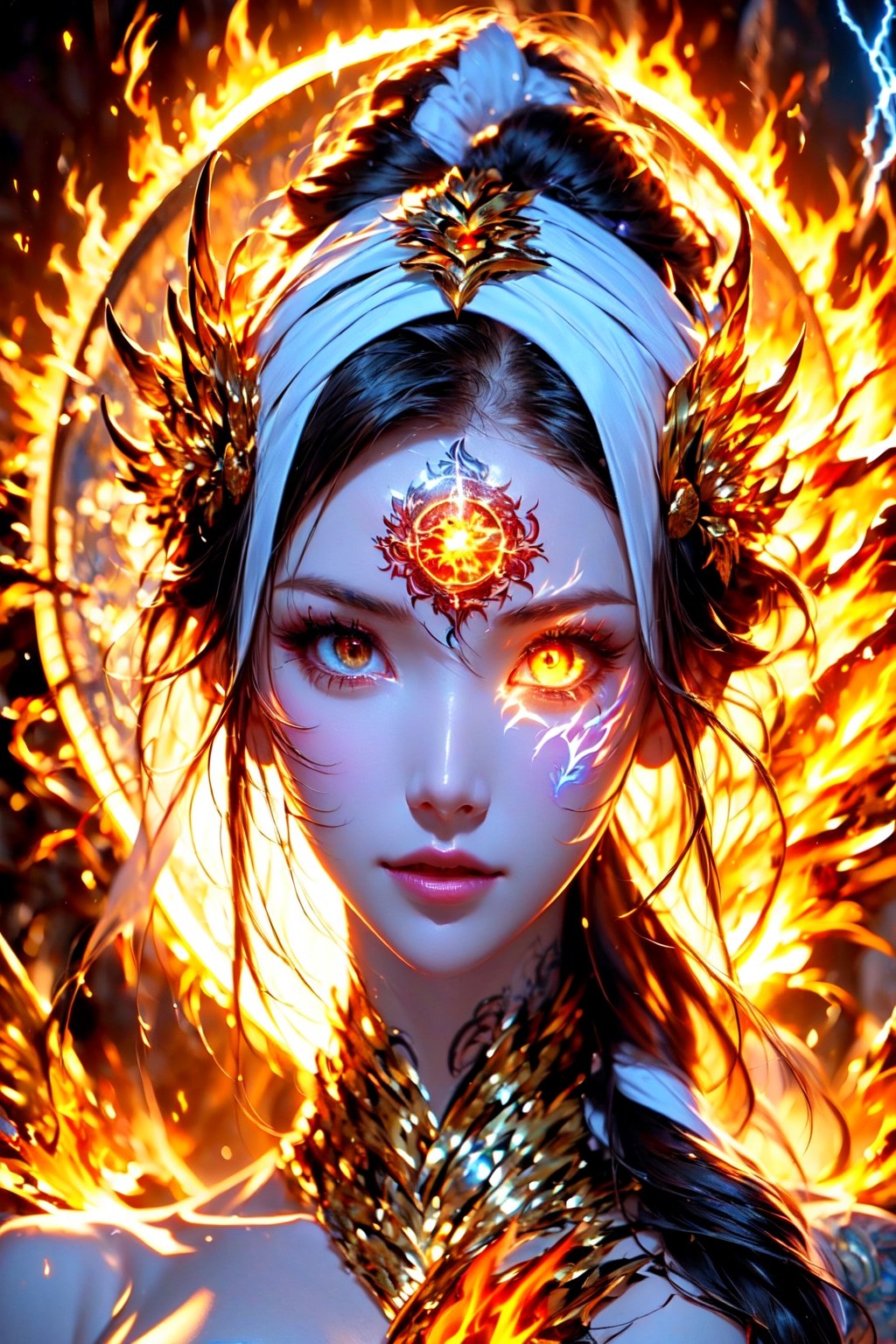 (goddess ), glowing eye , glowing tattoo,  fire eye,  fire, lightning , magic circle , glow ,(((fair skin))) ,(((white skin))),(((fair skin))) ,(((white skin))),,(((fair skin))) ,(((white skin))),