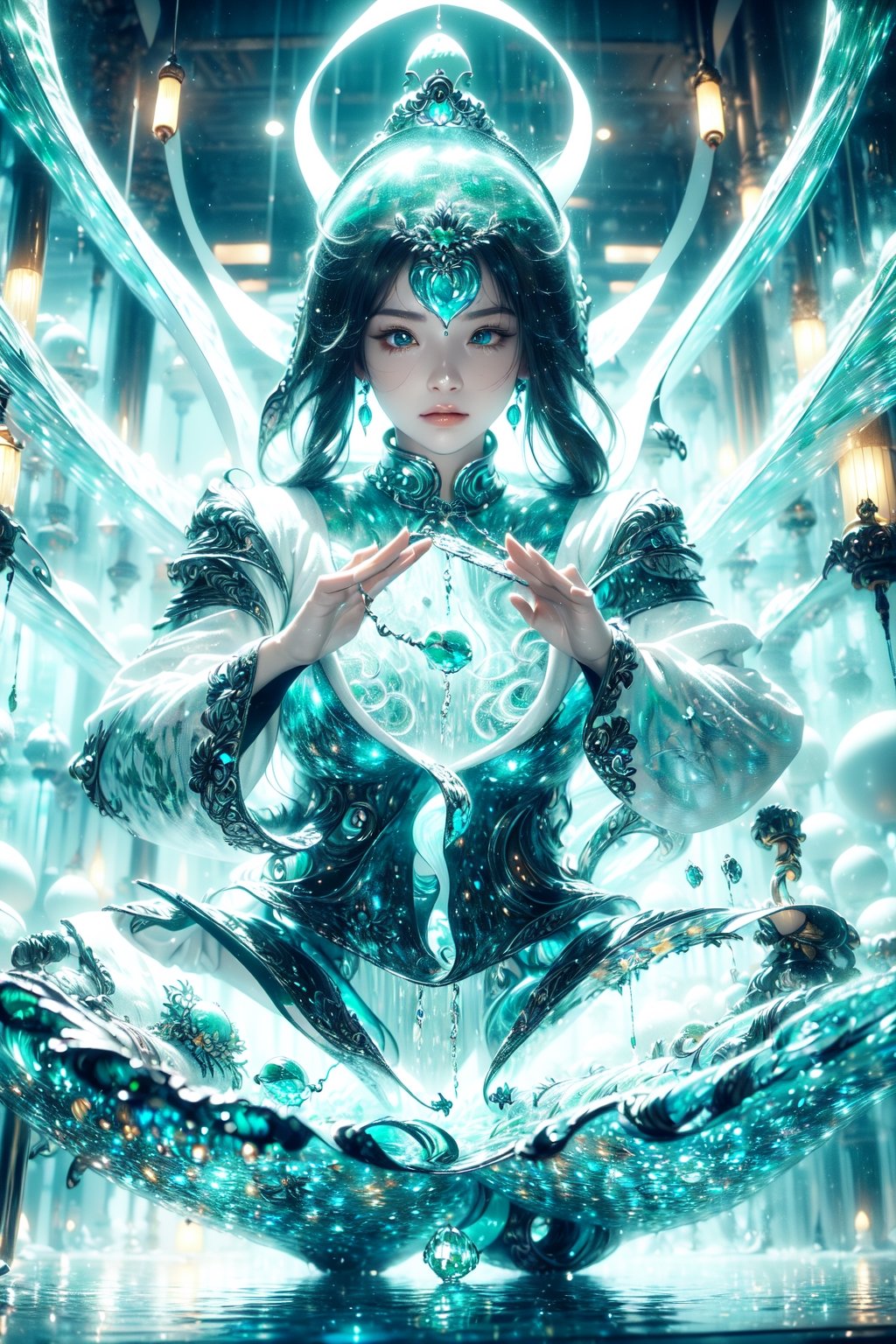 (green and white entanglement), (crystal and silver entanglement),The goddess of water waves her hands to turn the blue energy flow into a yin and yang Tai Chi diagram
