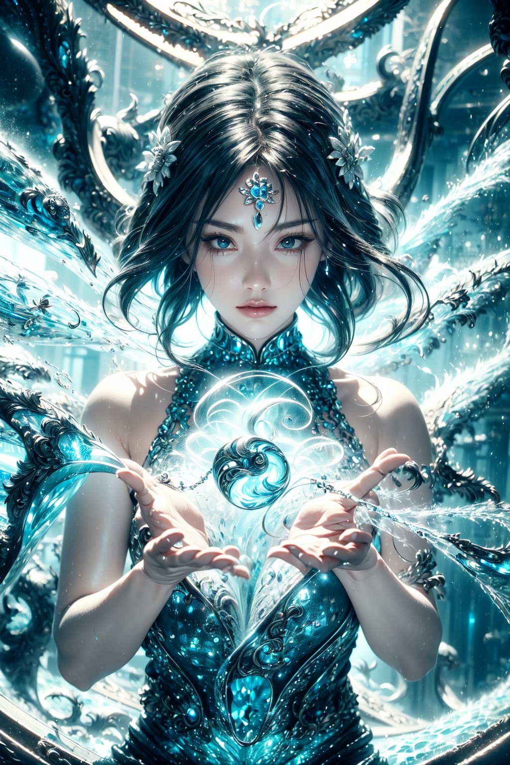 (Black and white entanglement), (crystal and silver entanglement),The goddess of water waves her hands to turn the blue energy flow into a yin and yang Tai Chi diagram
