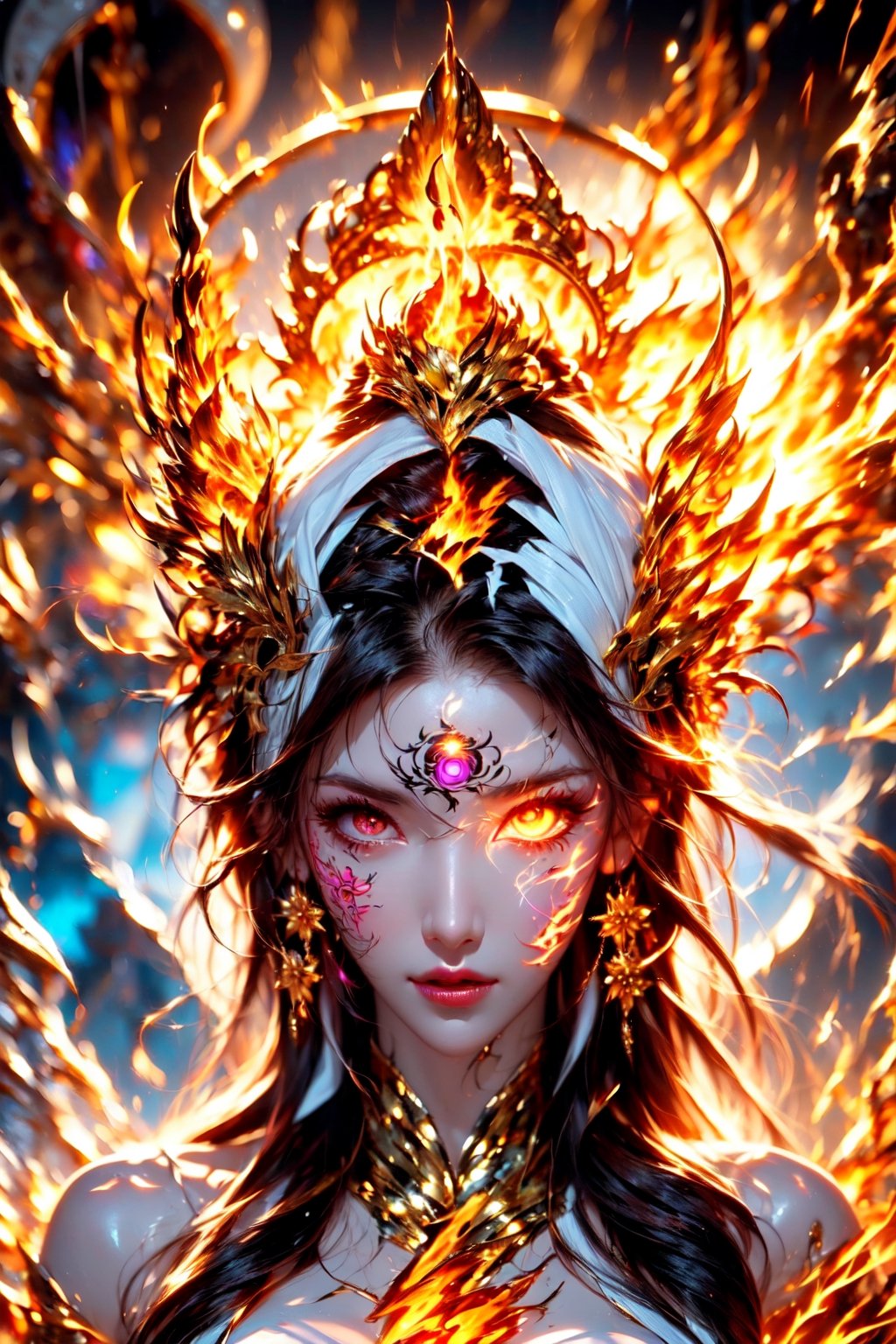 (goddess ), glowing eye , glowing tattoo,  fire eye,  fire, lightning , magic circle , glow ,(((fair skin))) ,(((white skin))),(((fair skin))) ,(((white skin))),glow