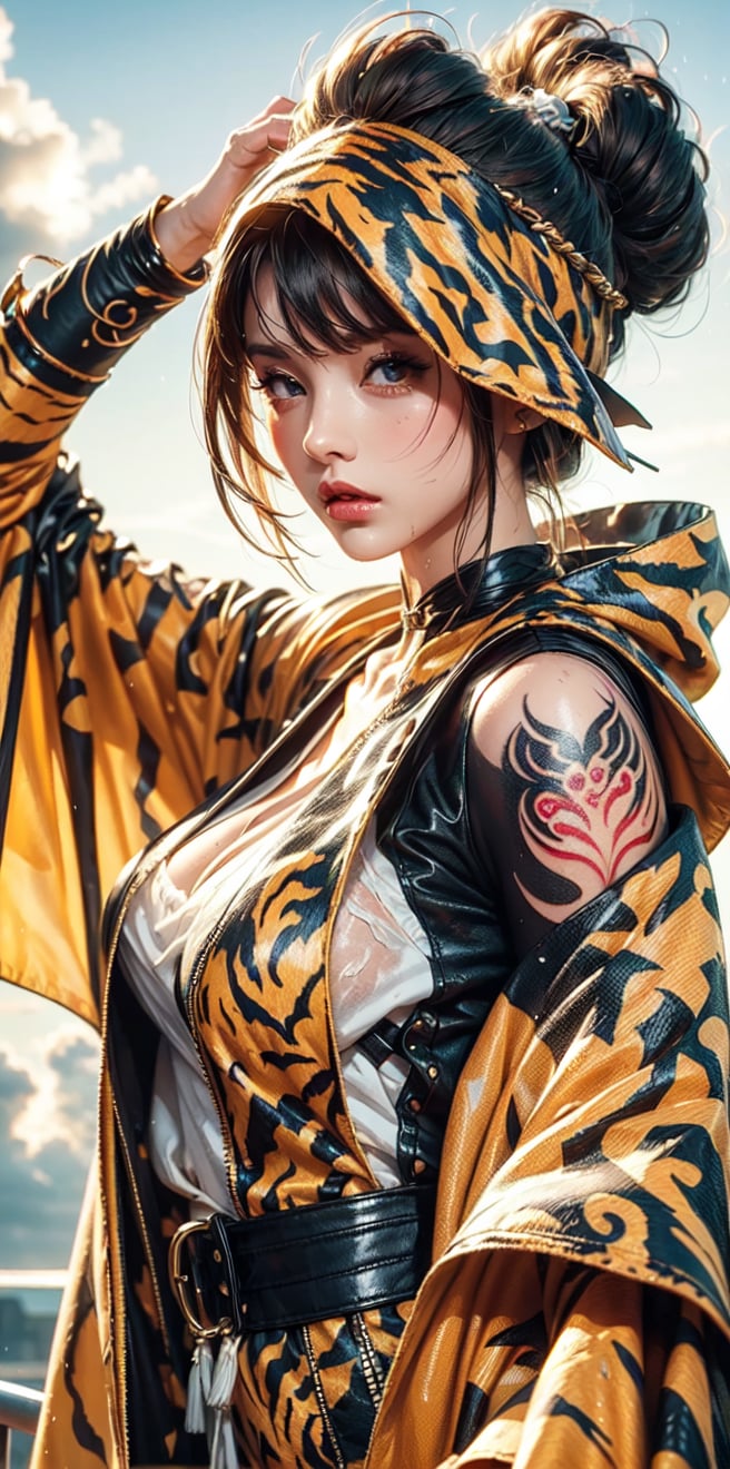 goddess, pattern cloak, patterned robe,(tiger pattern tattoos),windy,wet_clothes,wet hair,white background,Dreamy clouds,spit fire