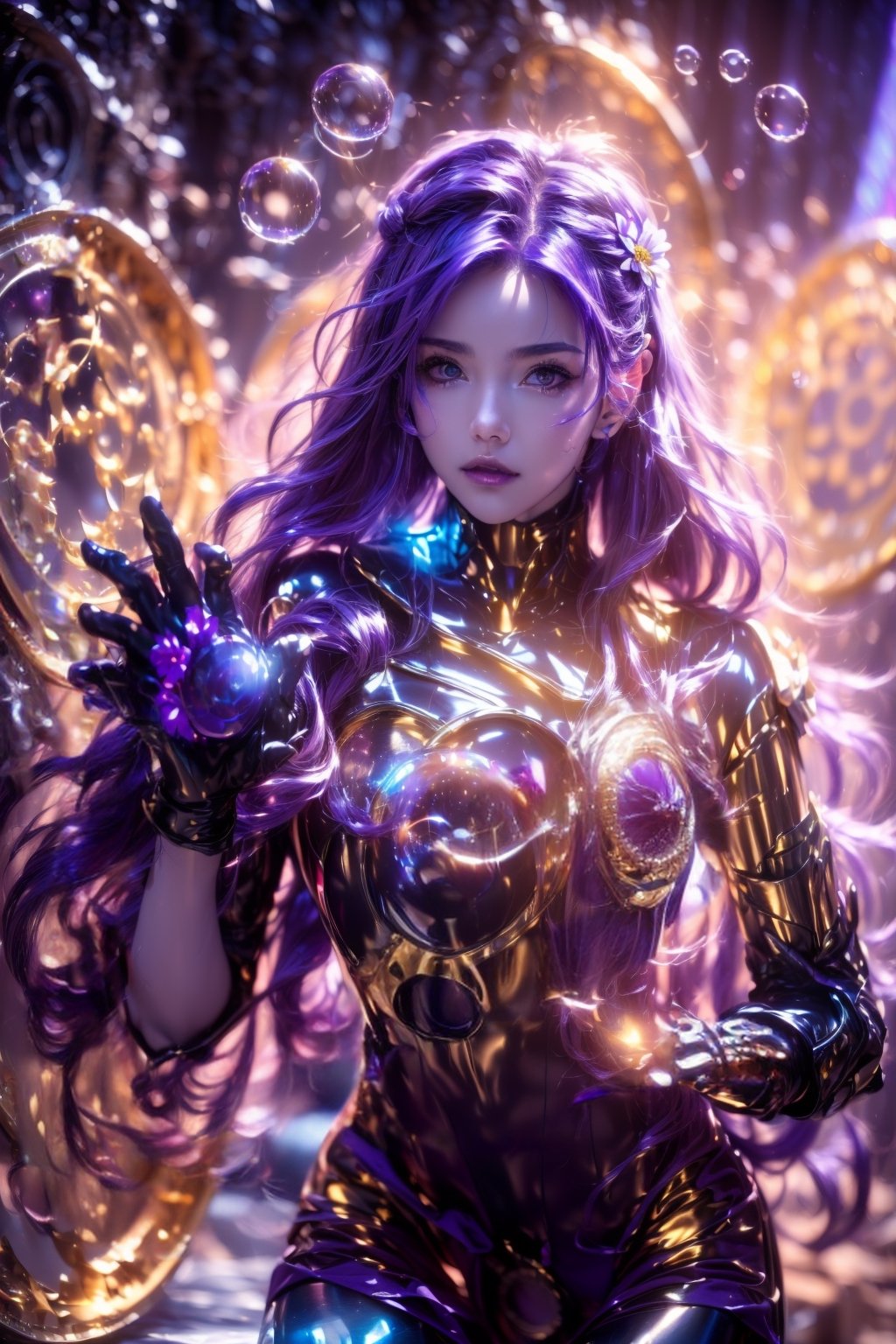 (((naked))), (((busty))),(((Random hairstyle))),Makeup, More Detail, GdClth, (((goddess)), (((magic circle))),(((Bubbles)),5_fingers,(((red bodysuit))),(((purple hair))),(((flower))),(((light ray))),(((goodbye))),(((wave hand)))