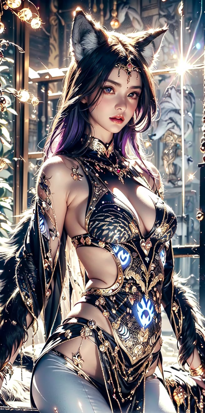 (Aphrodite, goddess ,Minerva) wearing (complex wolf pattern costume :1.7) , purple hair, ancient Japan street, faint smile gracefully,above waist,(lens flare: 1.3),Masterpiece, beautiful details, perfect focus, uniform 8K wallpaper, high resolution, exquisite texture in every detail, pink and white entanglement,crystal and silver entanglement,